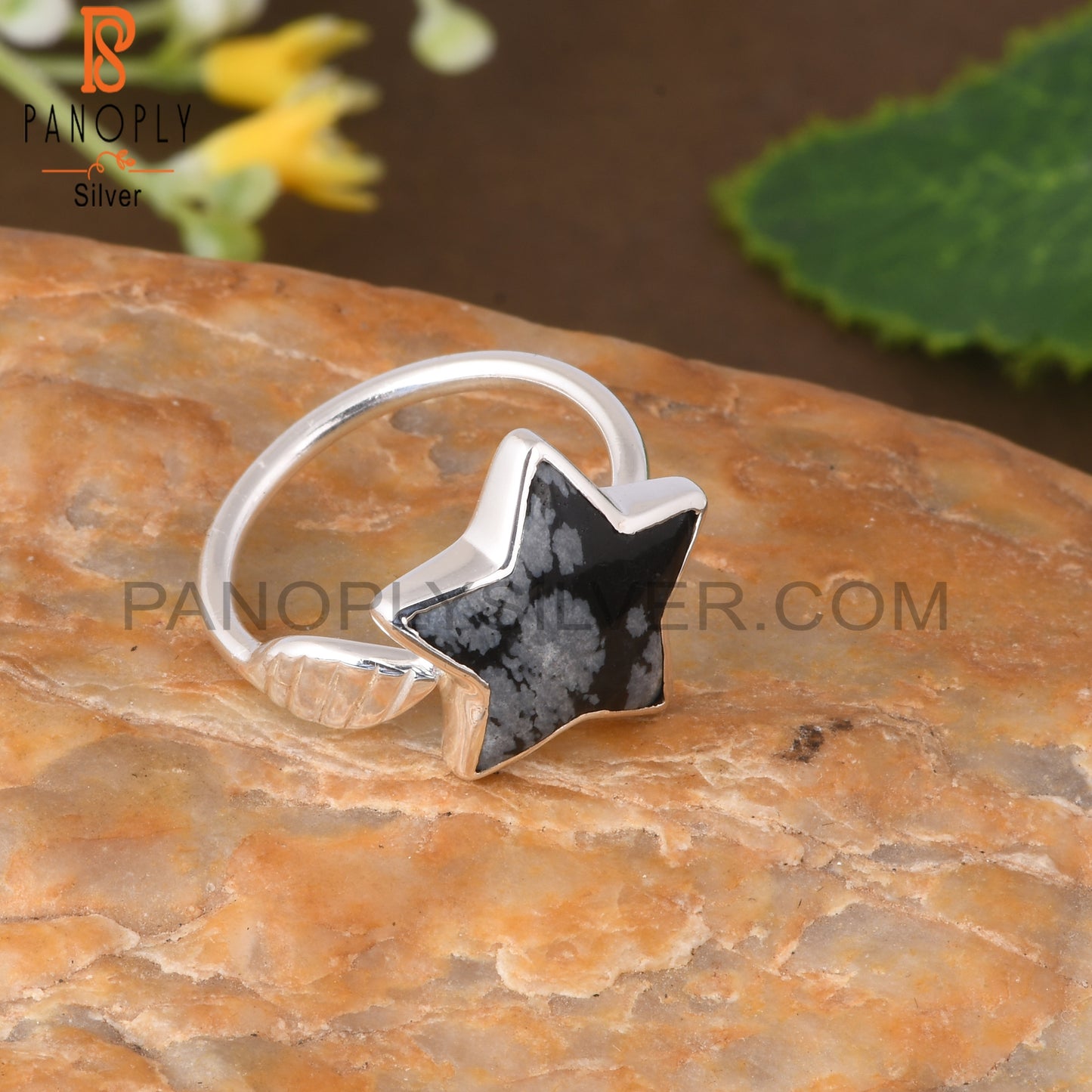 Snowflake Obsidian Star Shape 925 Sterling Silver Flower Ring