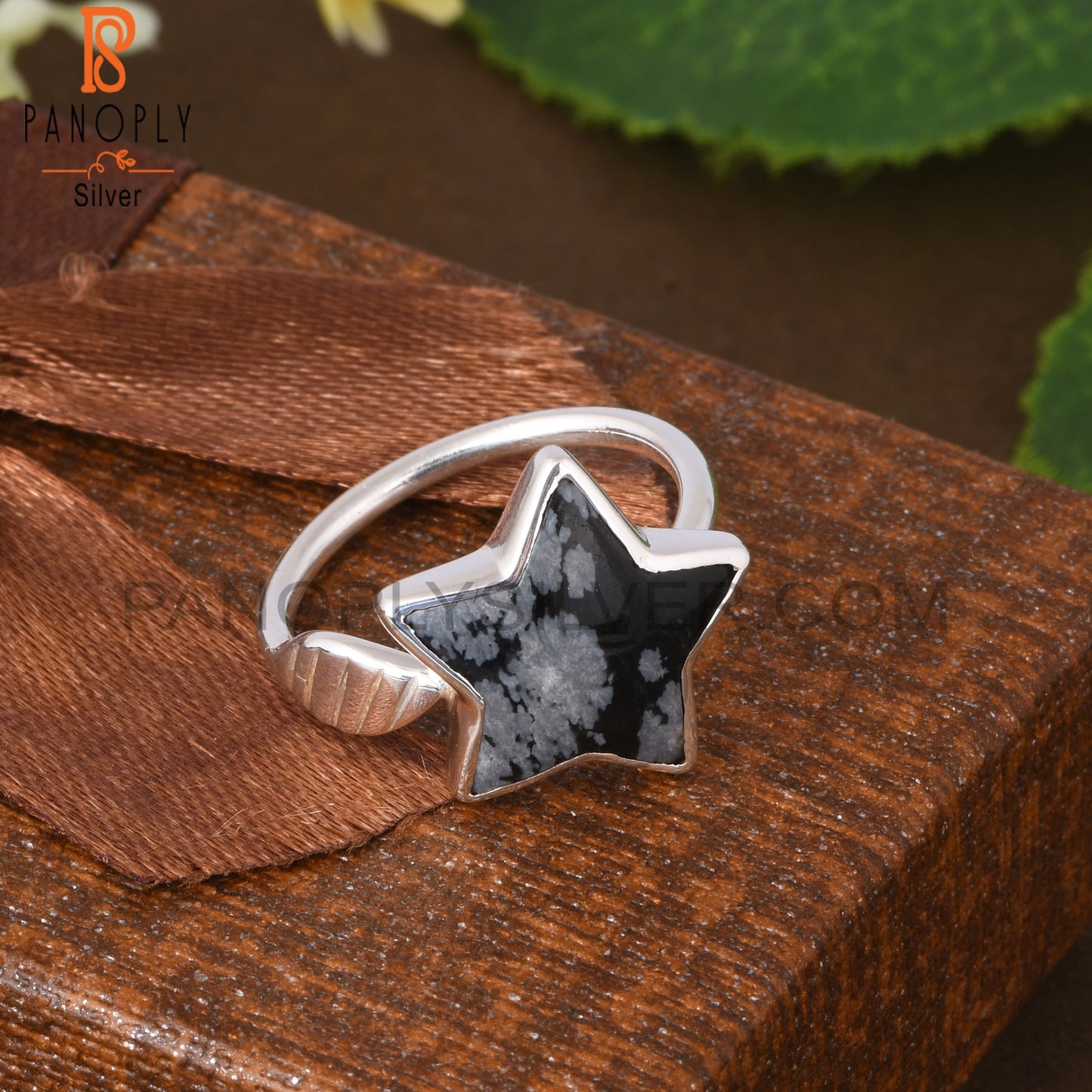Snowflake Obsidian Star Shape 925 Sterling Silver Flower Ring