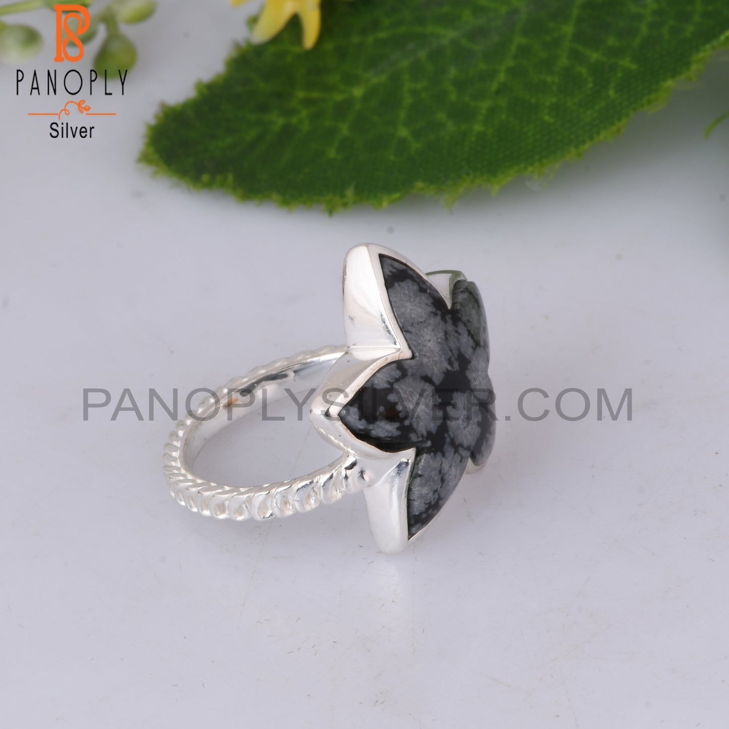 Twist Flower Snowflake Obsidian 925 Sterling Silver Ring