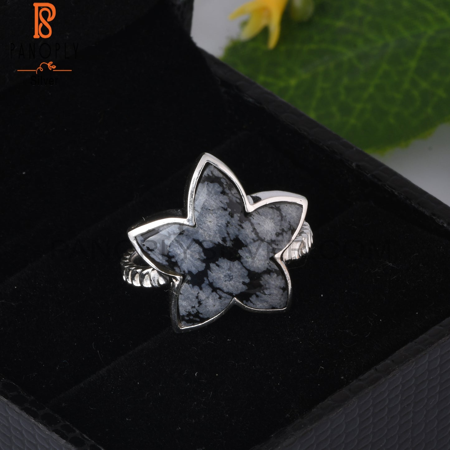 Twist Flower Snowflake Obsidian 925 Sterling Silver Ring