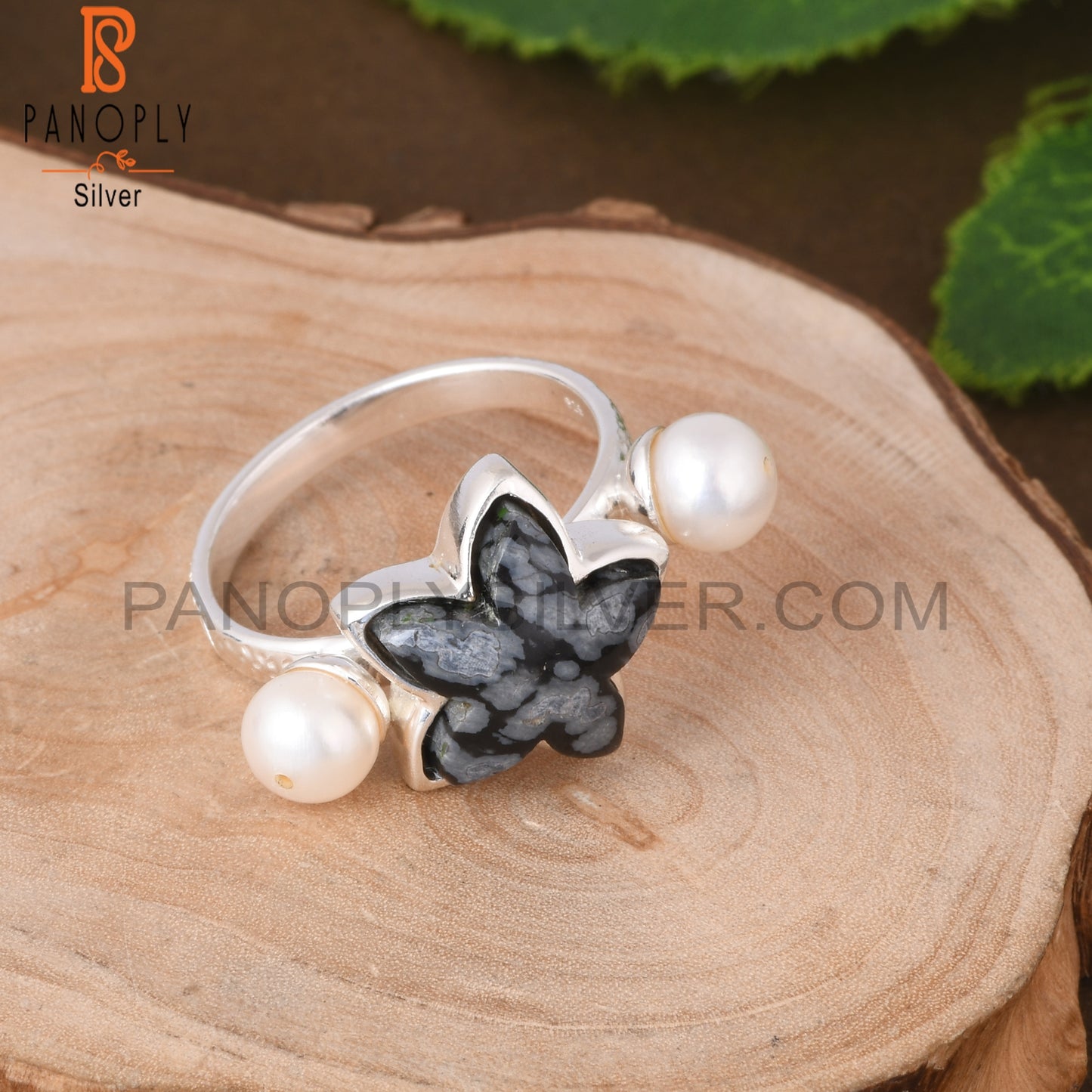 Pearl & Snowflake Obsidian 925 Sterling Silver Ring