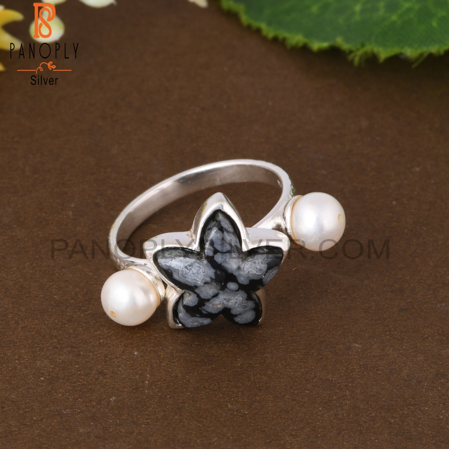Pearl & Snowflake Obsidian 925 Sterling Silver Ring