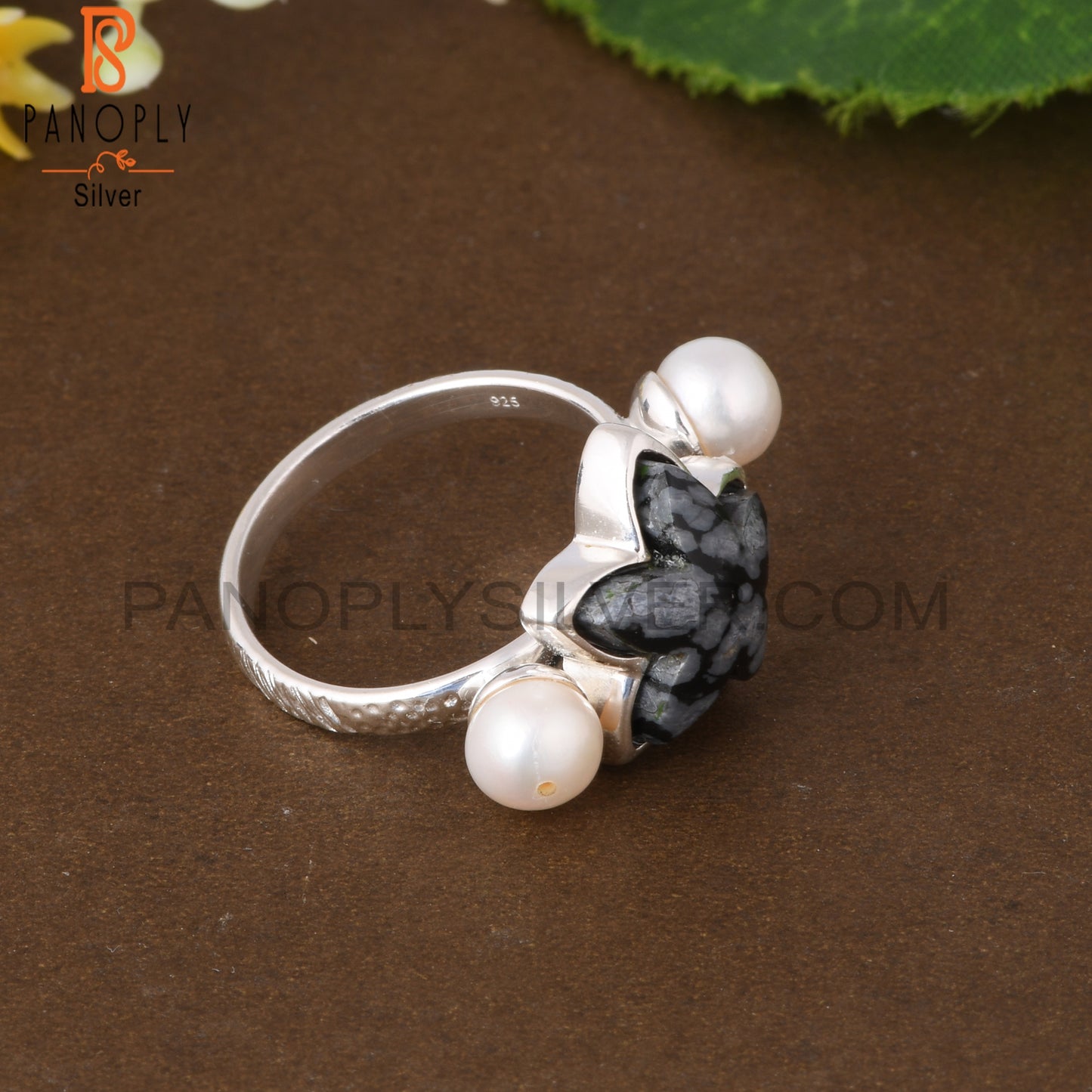 Pearl & Snowflake Obsidian 925 Sterling Silver Ring