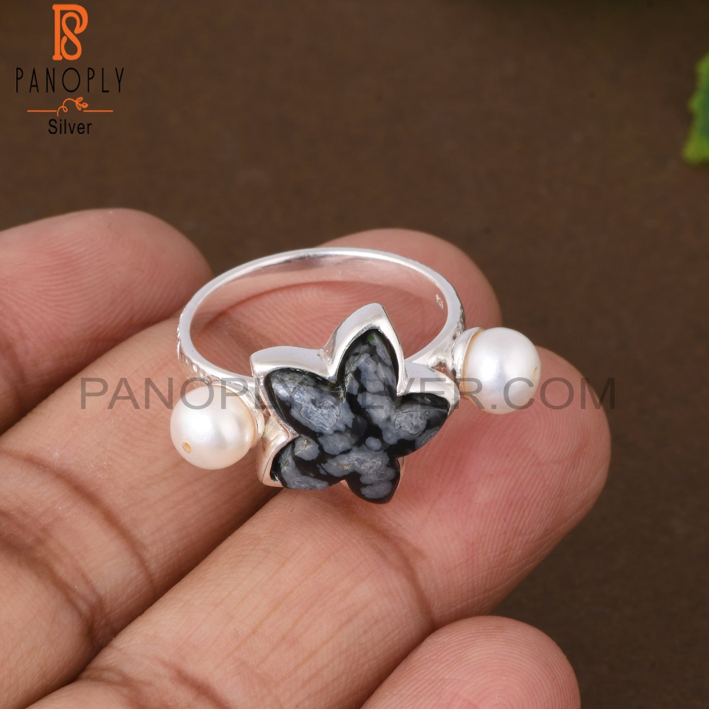Pearl & Snowflake Obsidian 925 Sterling Silver Ring