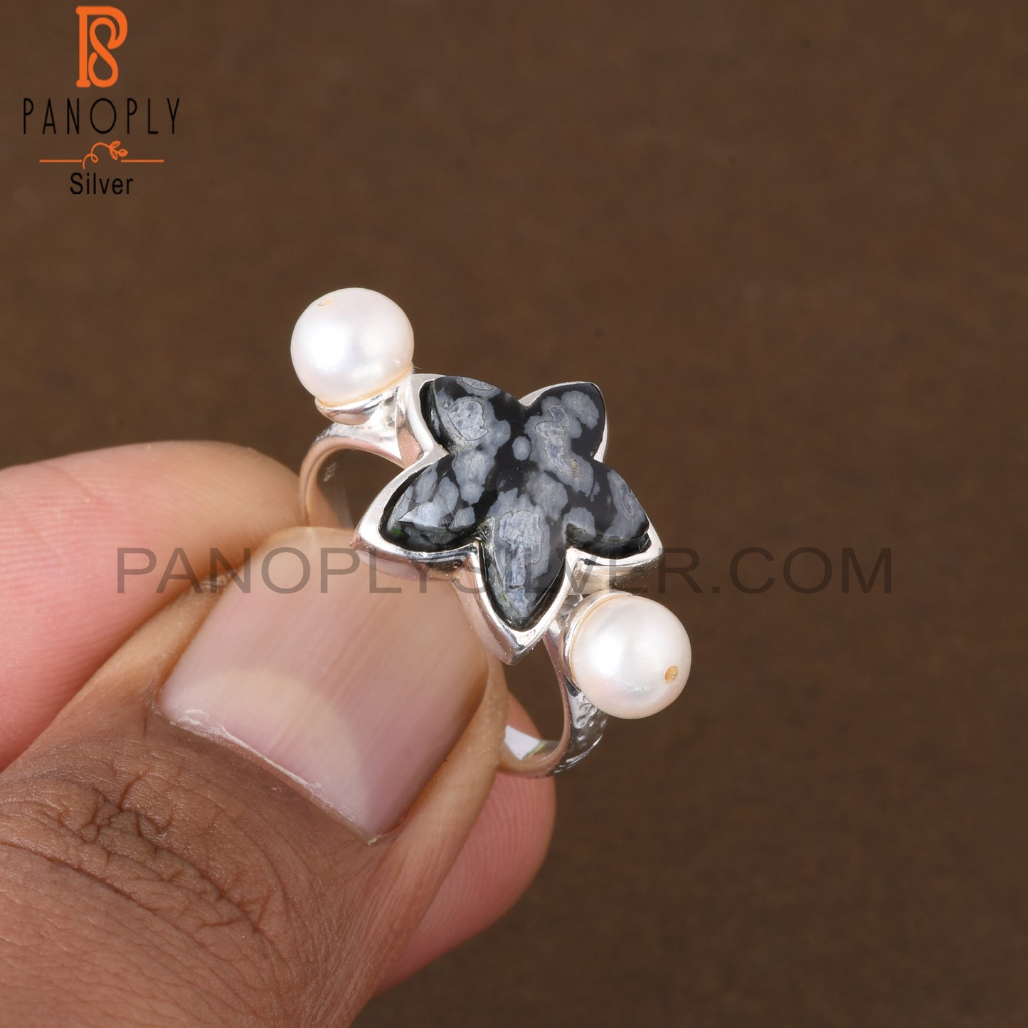 Pearl & Snowflake Obsidian 925 Sterling Silver Ring