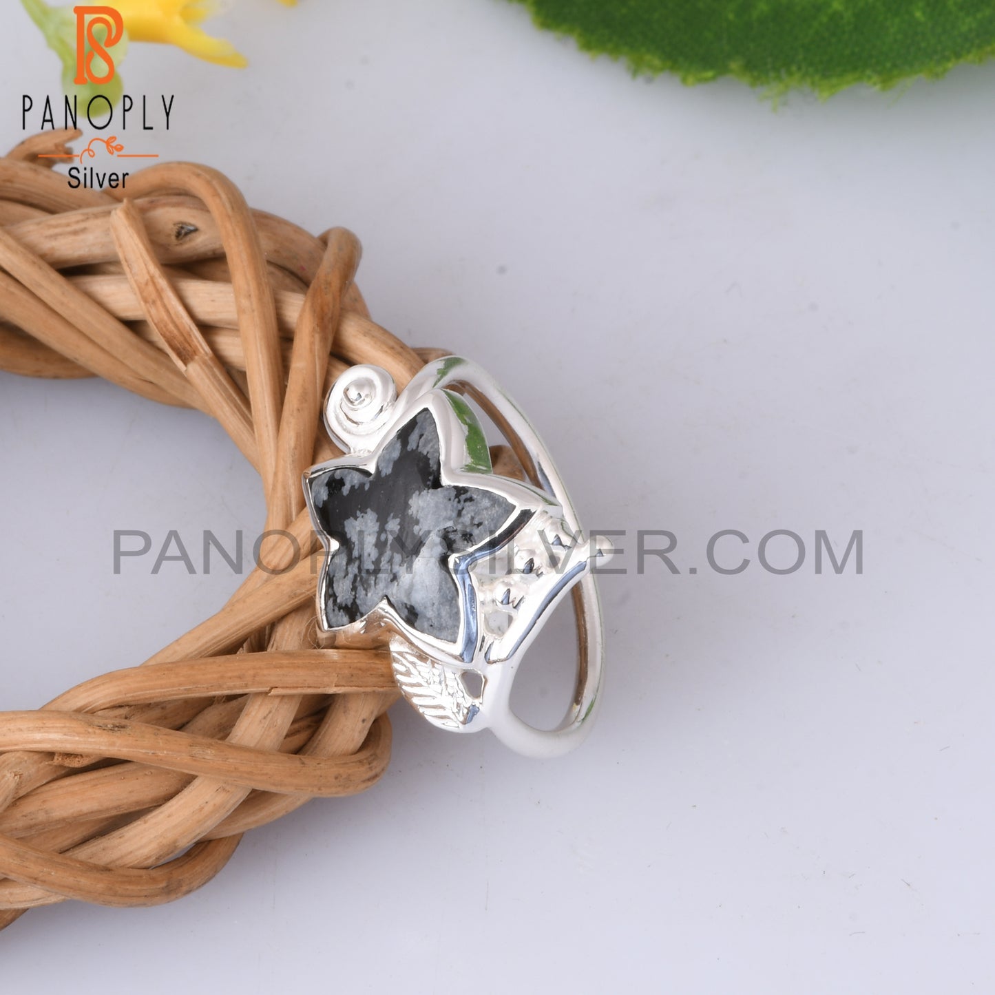 Branch Flower Snowflake Obsidian 925 Sterling Silver Ring