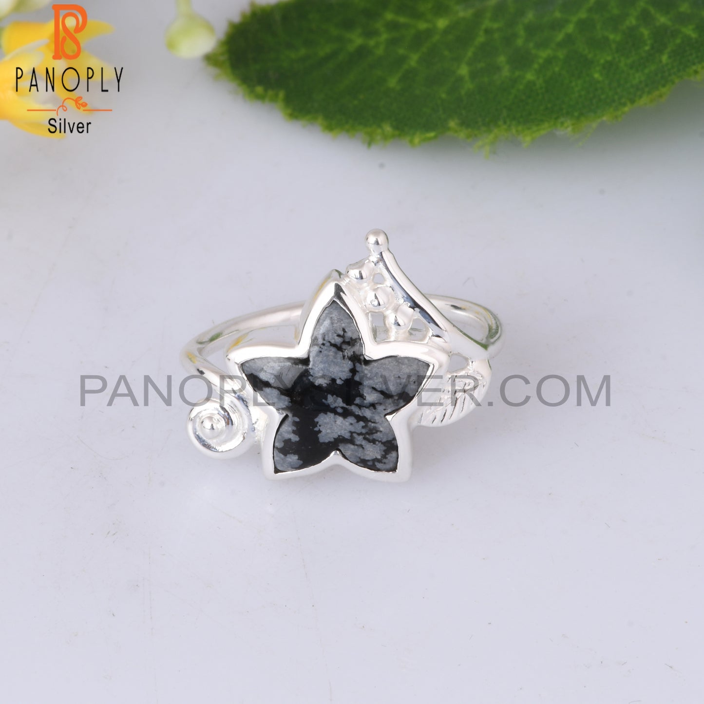 Branch Flower Snowflake Obsidian 925 Sterling Silver Ring