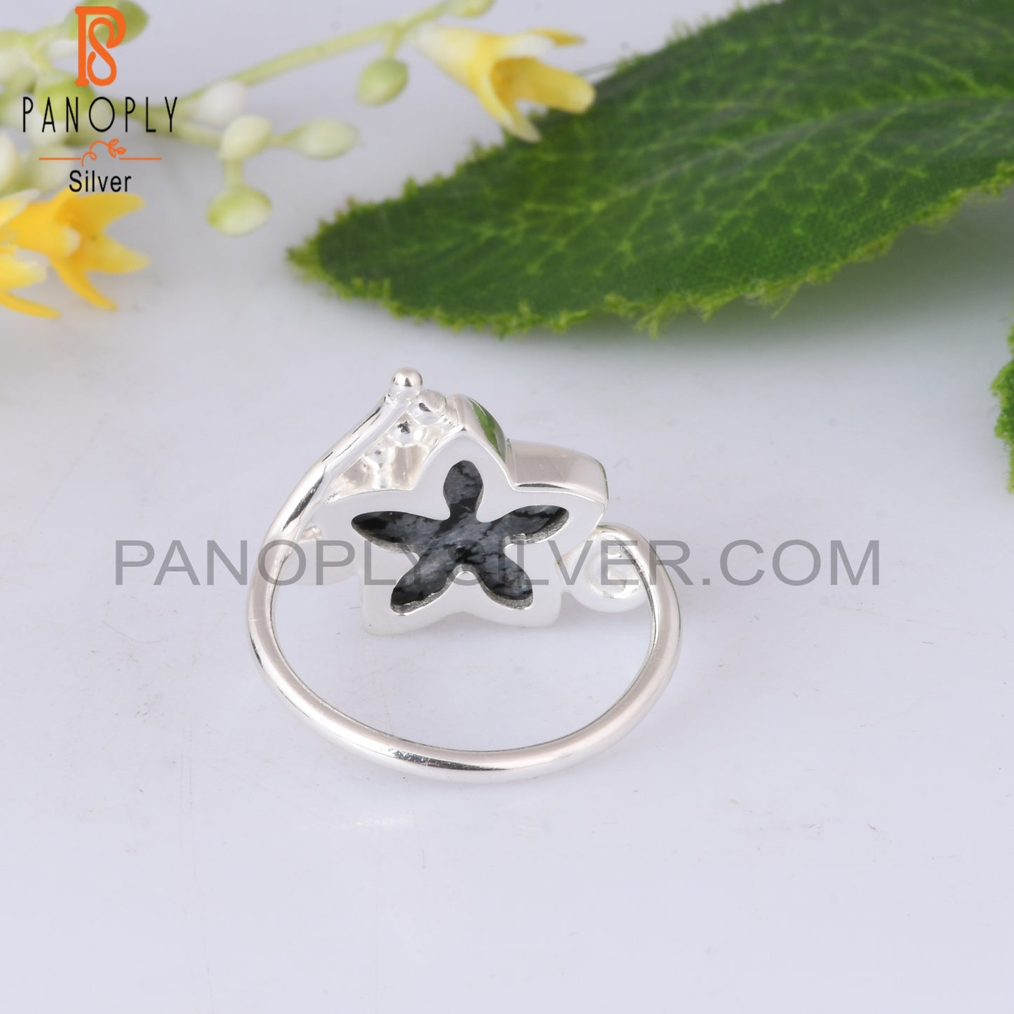 Branch Flower Snowflake Obsidian 925 Sterling Silver Ring
