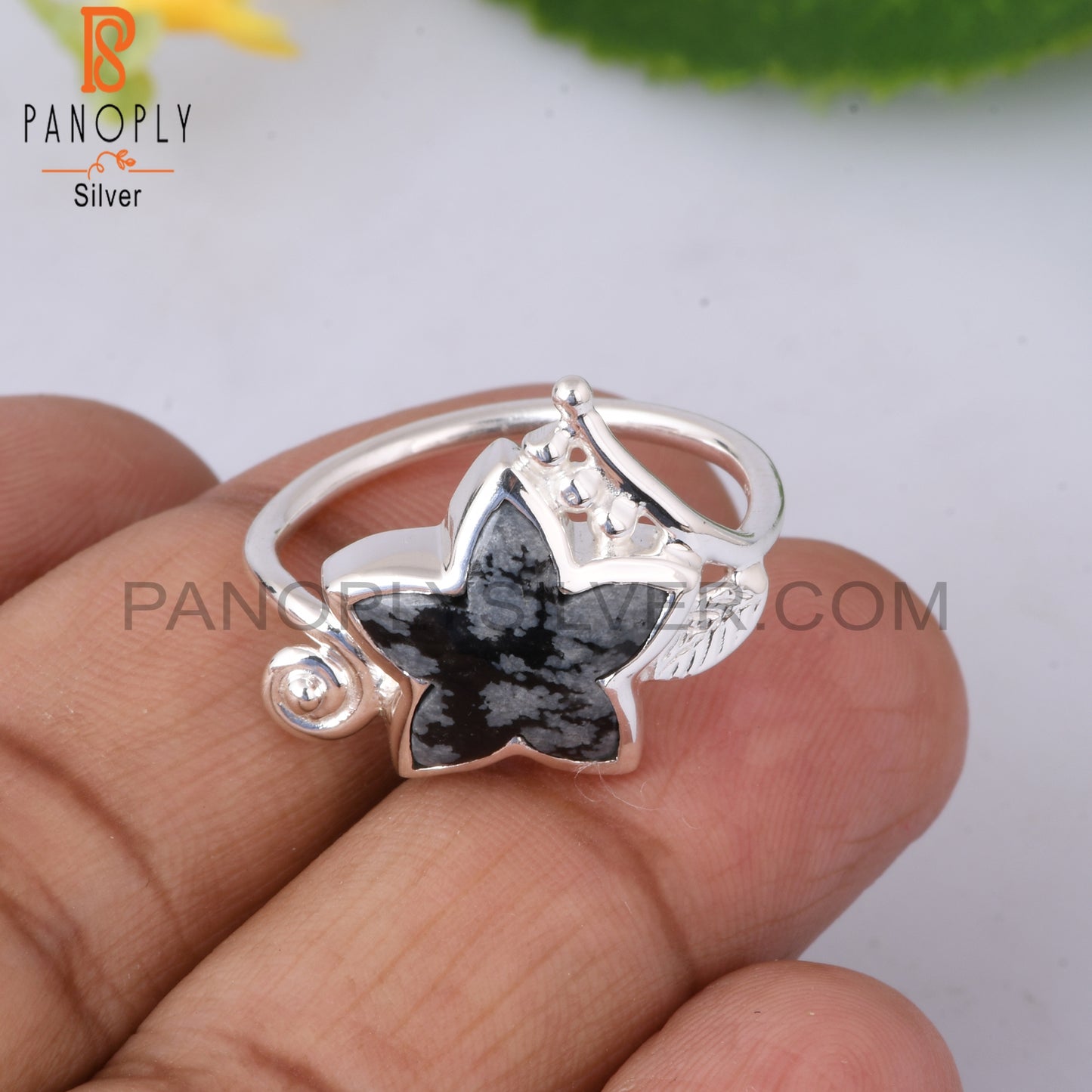 Branch Flower Snowflake Obsidian 925 Sterling Silver Ring