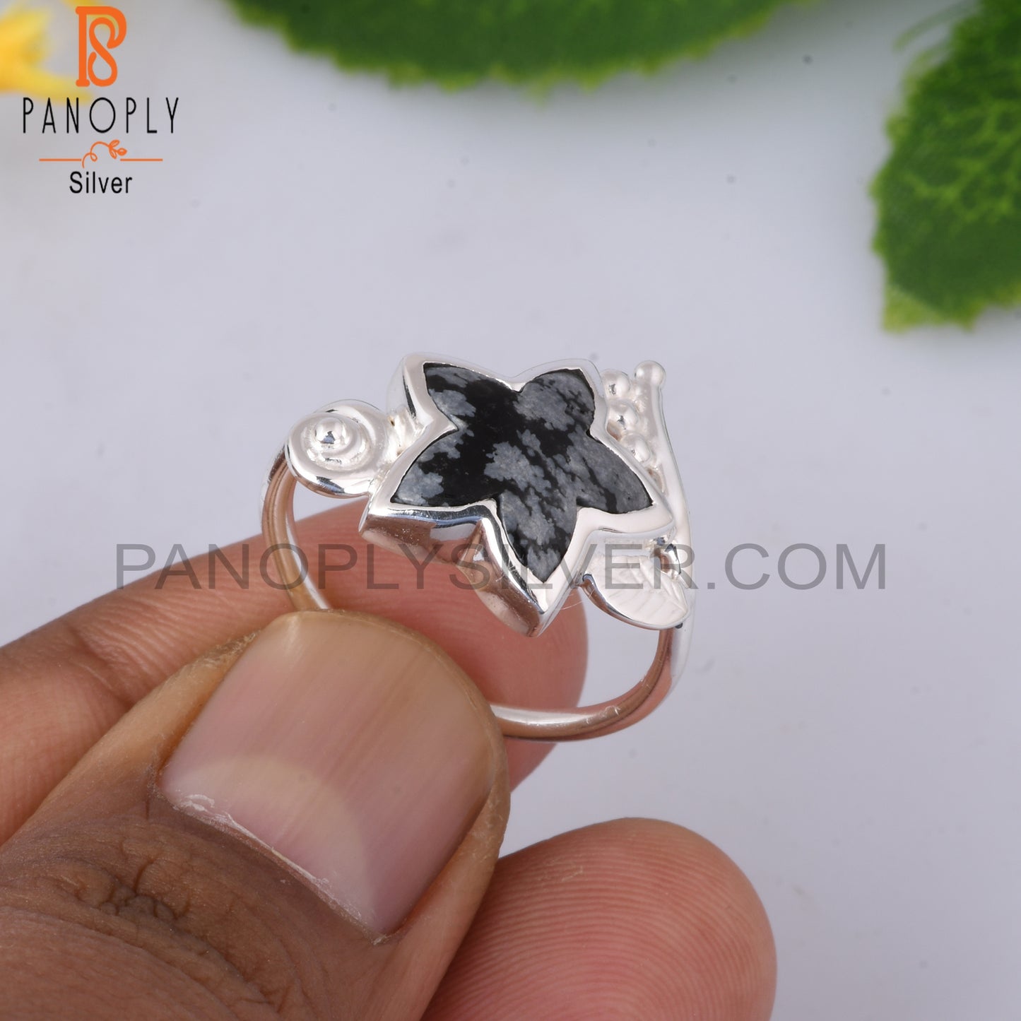 Branch Flower Snowflake Obsidian 925 Sterling Silver Ring