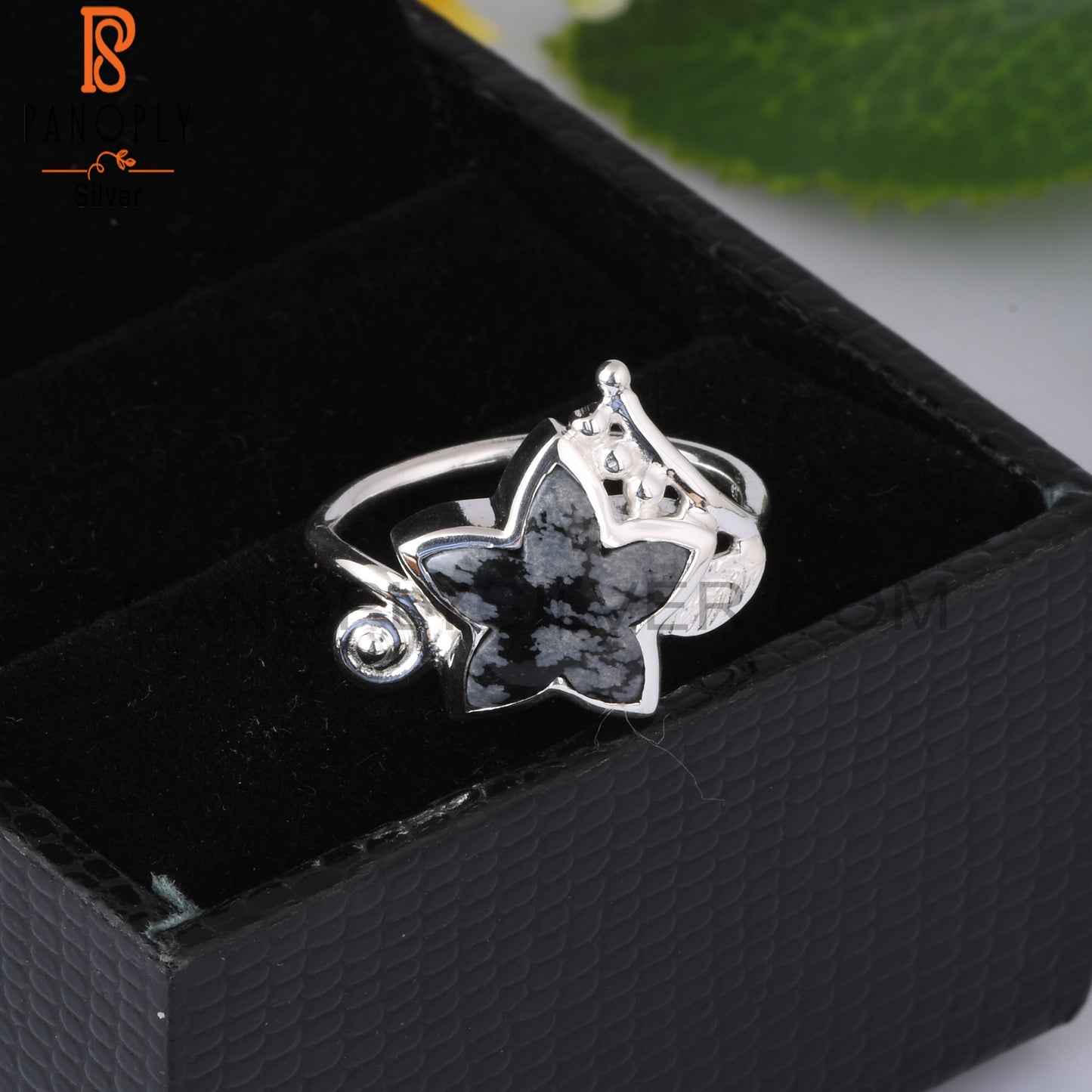 Branch Flower Snowflake Obsidian 925 Sterling Silver Ring