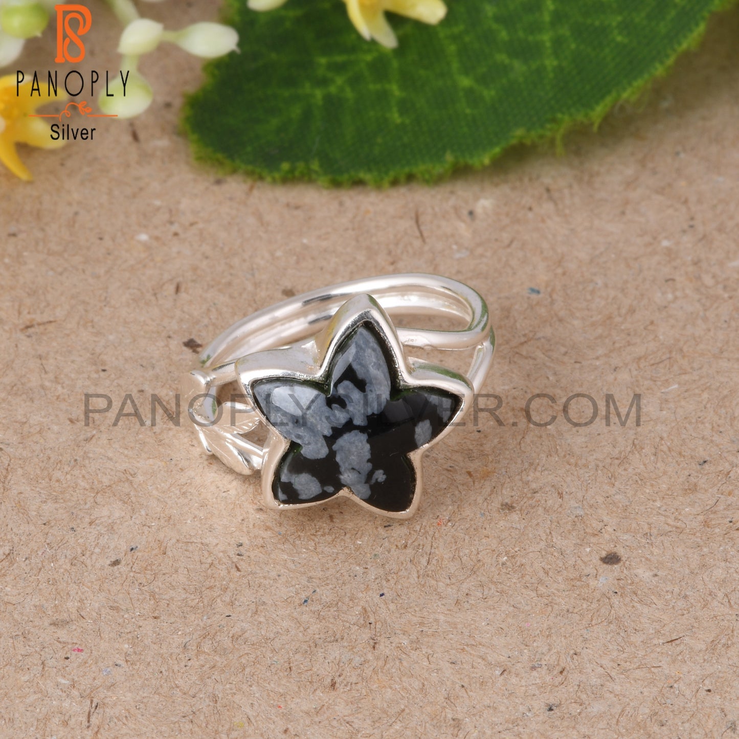 Leaf Snowflake Obsidian Star Shape 925 Sterling Silver Ring