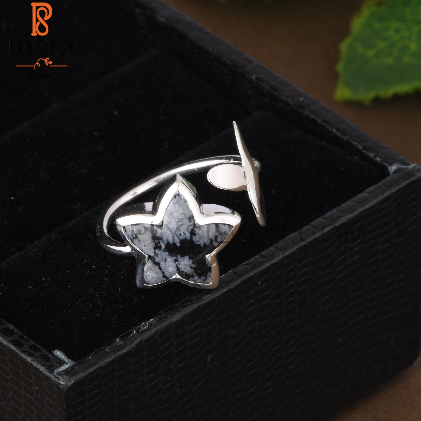 Snowflake Obsidian Moonflower Shape 925 Sterling Silver Ring