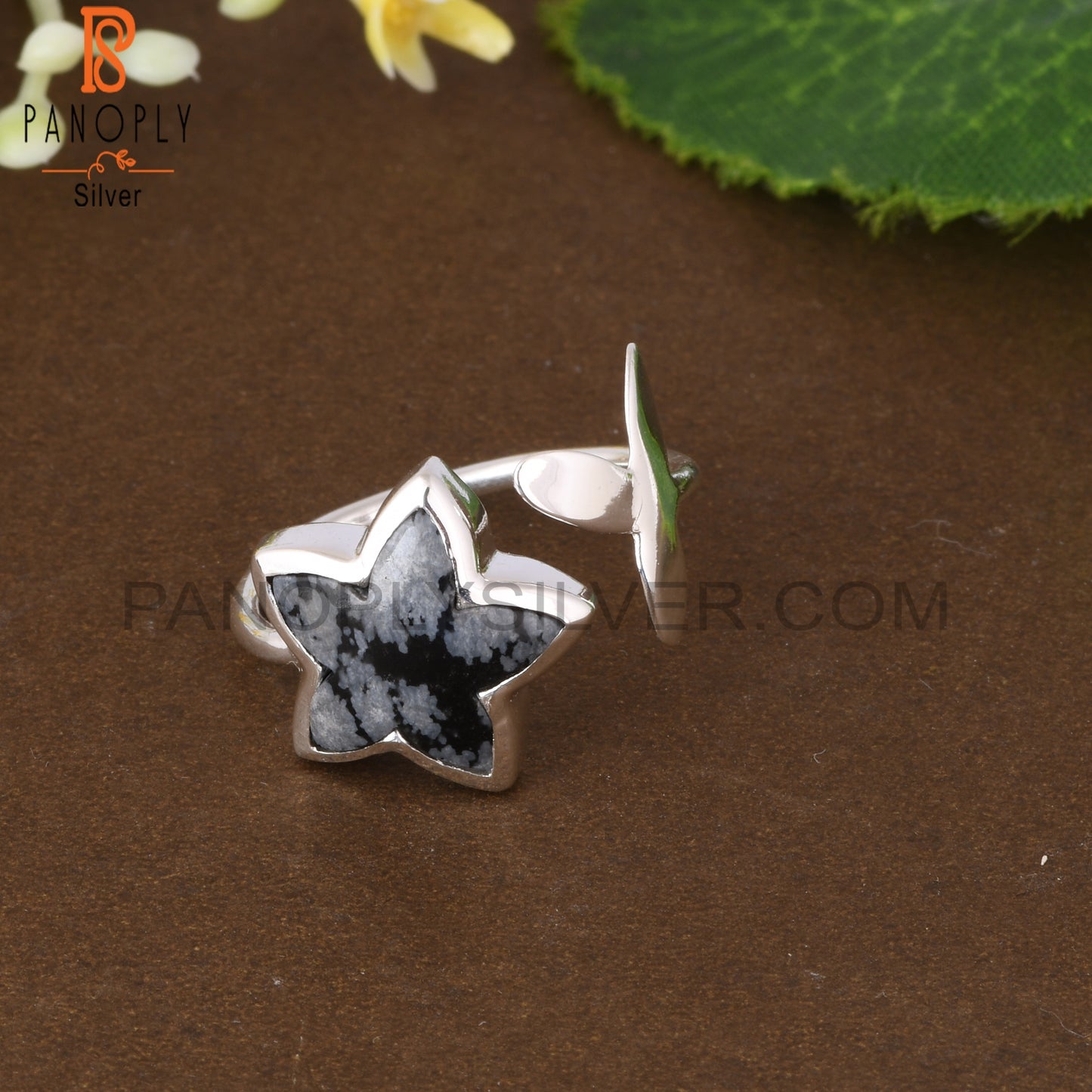 Snowflake Obsidian Moonflower Shape 925 Sterling Silver Ring