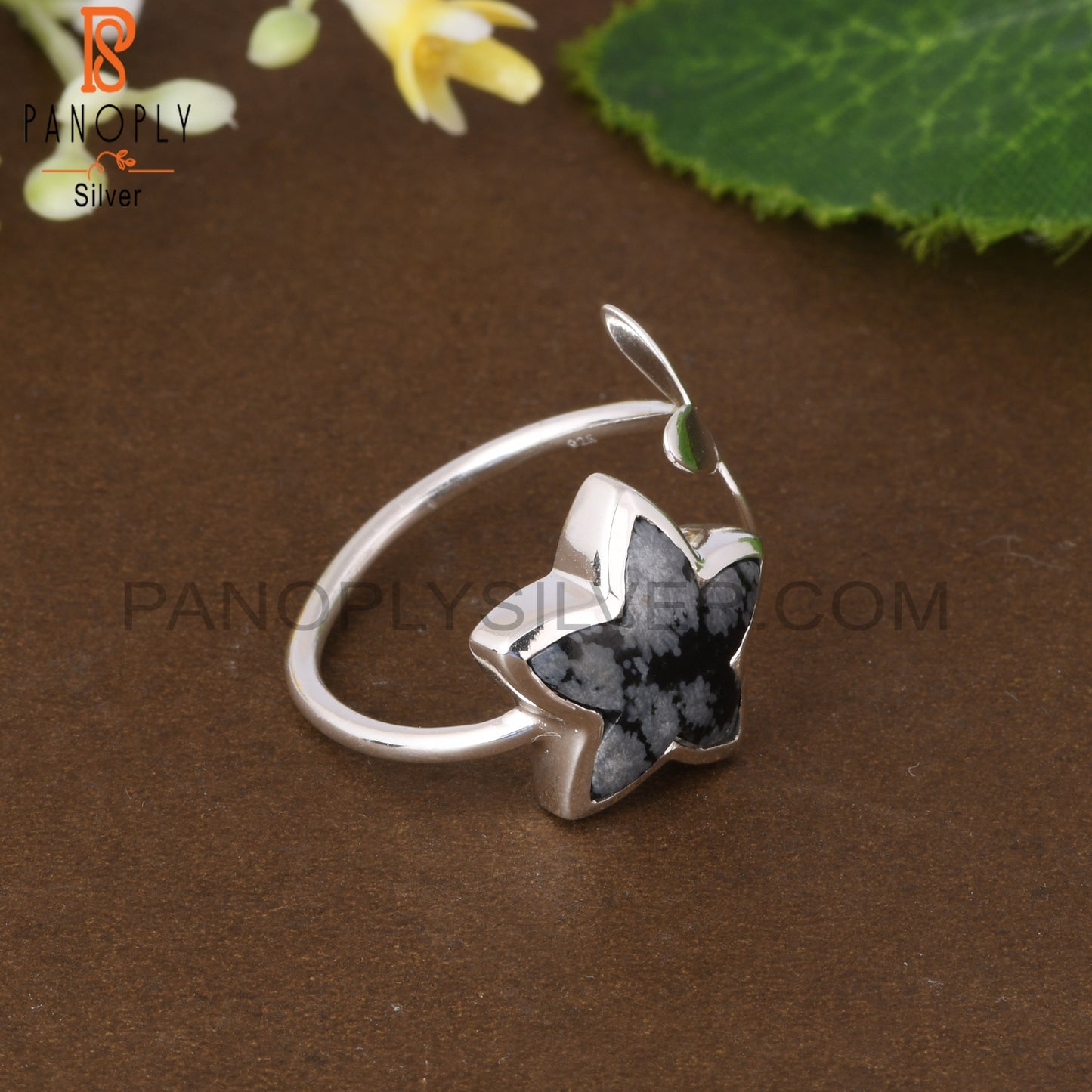 Snowflake Obsidian Moonflower Shape 925 Sterling Silver Ring