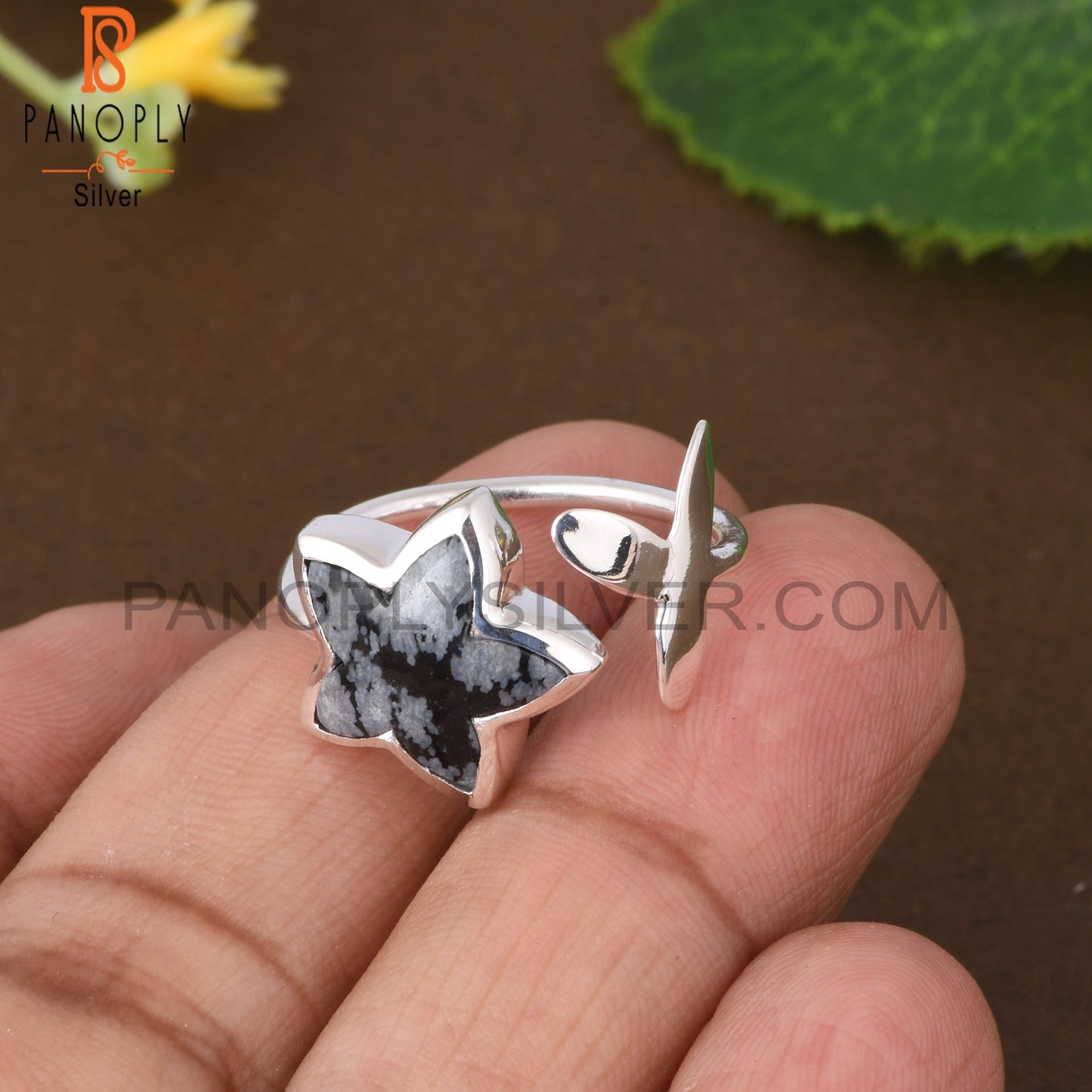 Snowflake Obsidian Moonflower Shape 925 Sterling Silver Ring