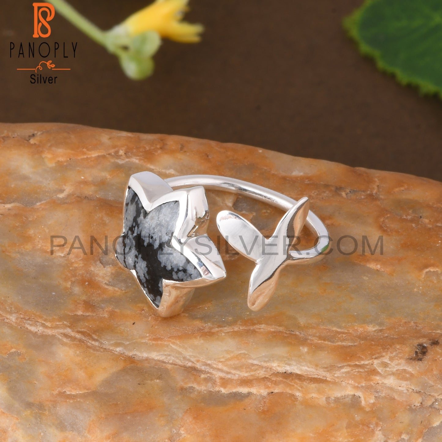 Snowflake Obsidian Moonflower Shape 925 Sterling Silver Ring
