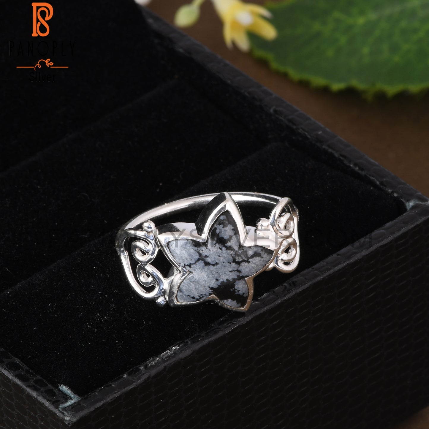 Snowflake Obsidian Star Shape 925 Sterling Silver Ring