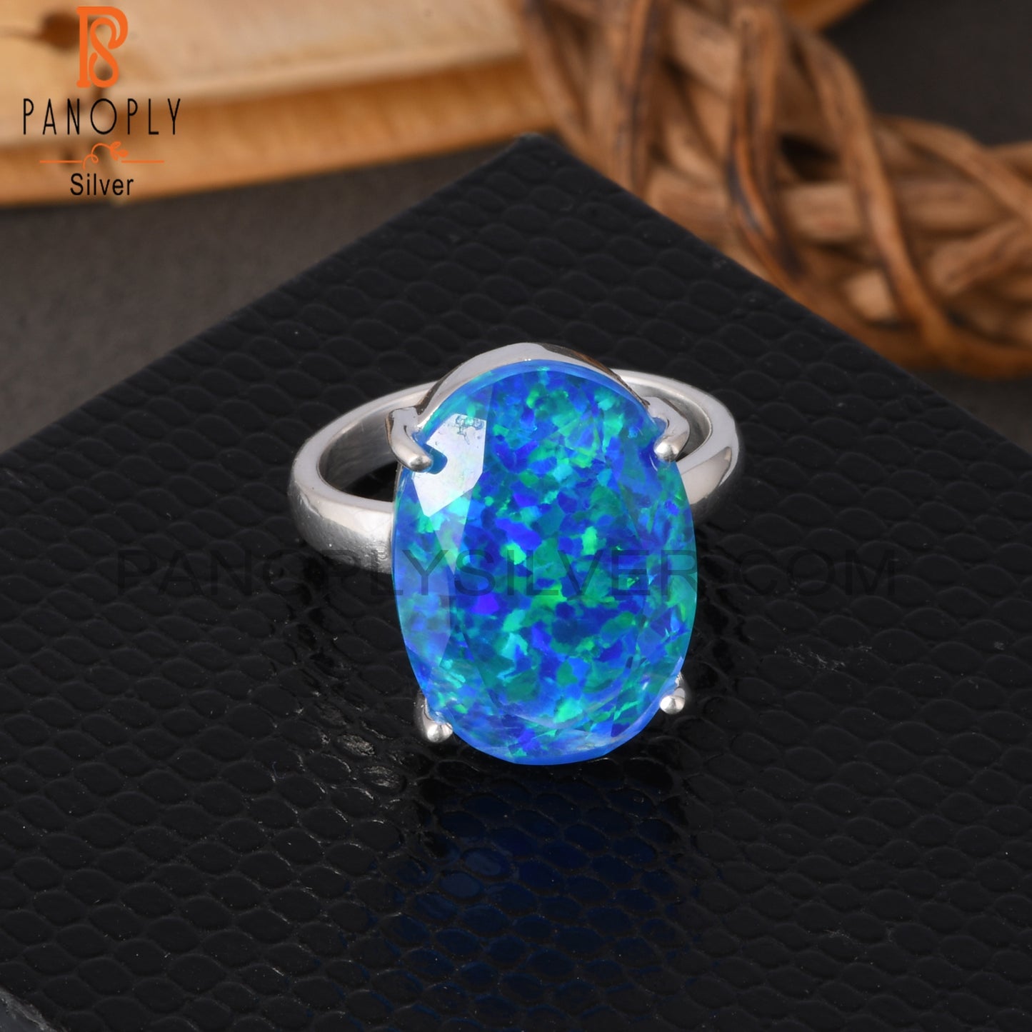 Synthetic Green Fire Opal 925 Sterling Silver Ring