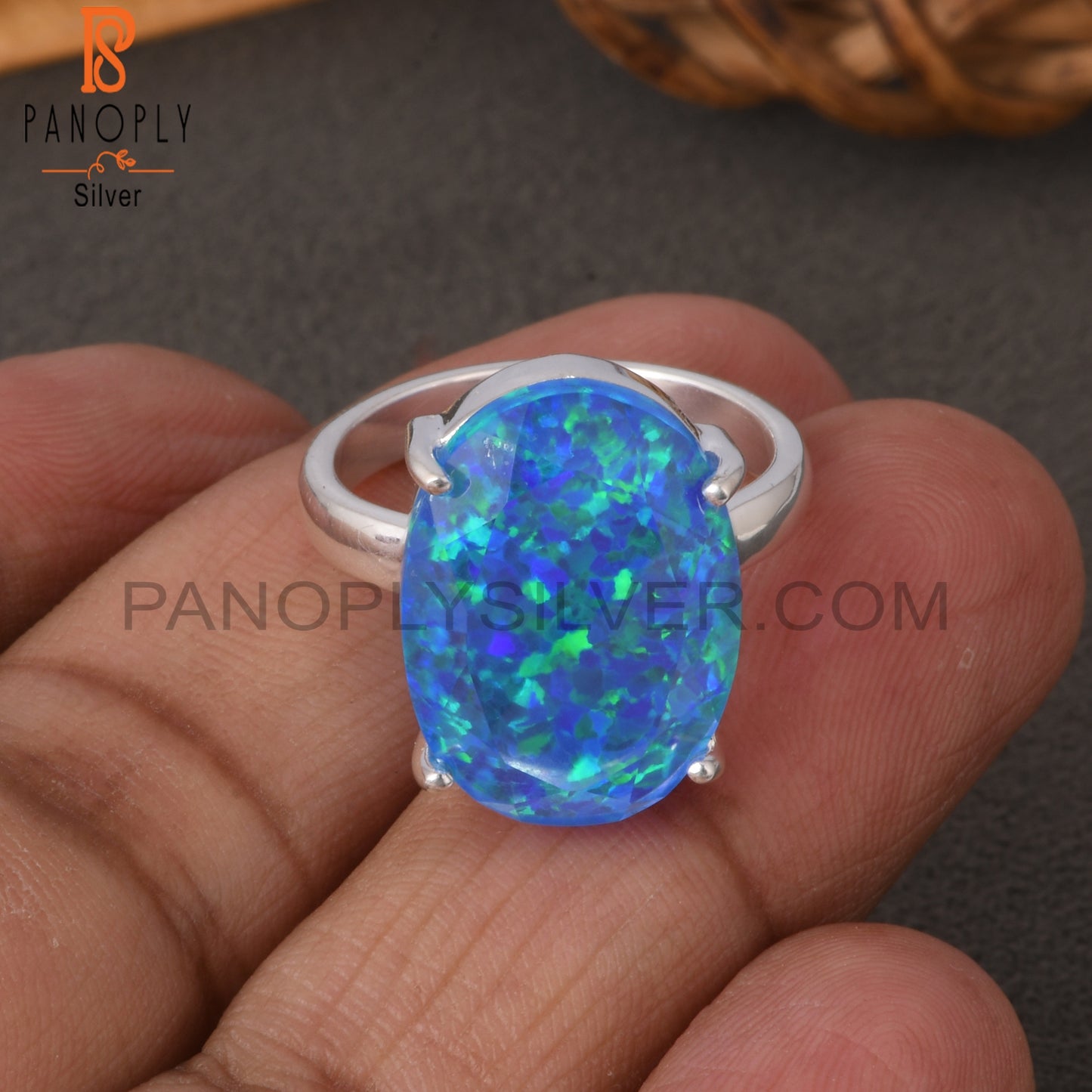 Synthetic Green Fire Opal 925 Sterling Silver Ring