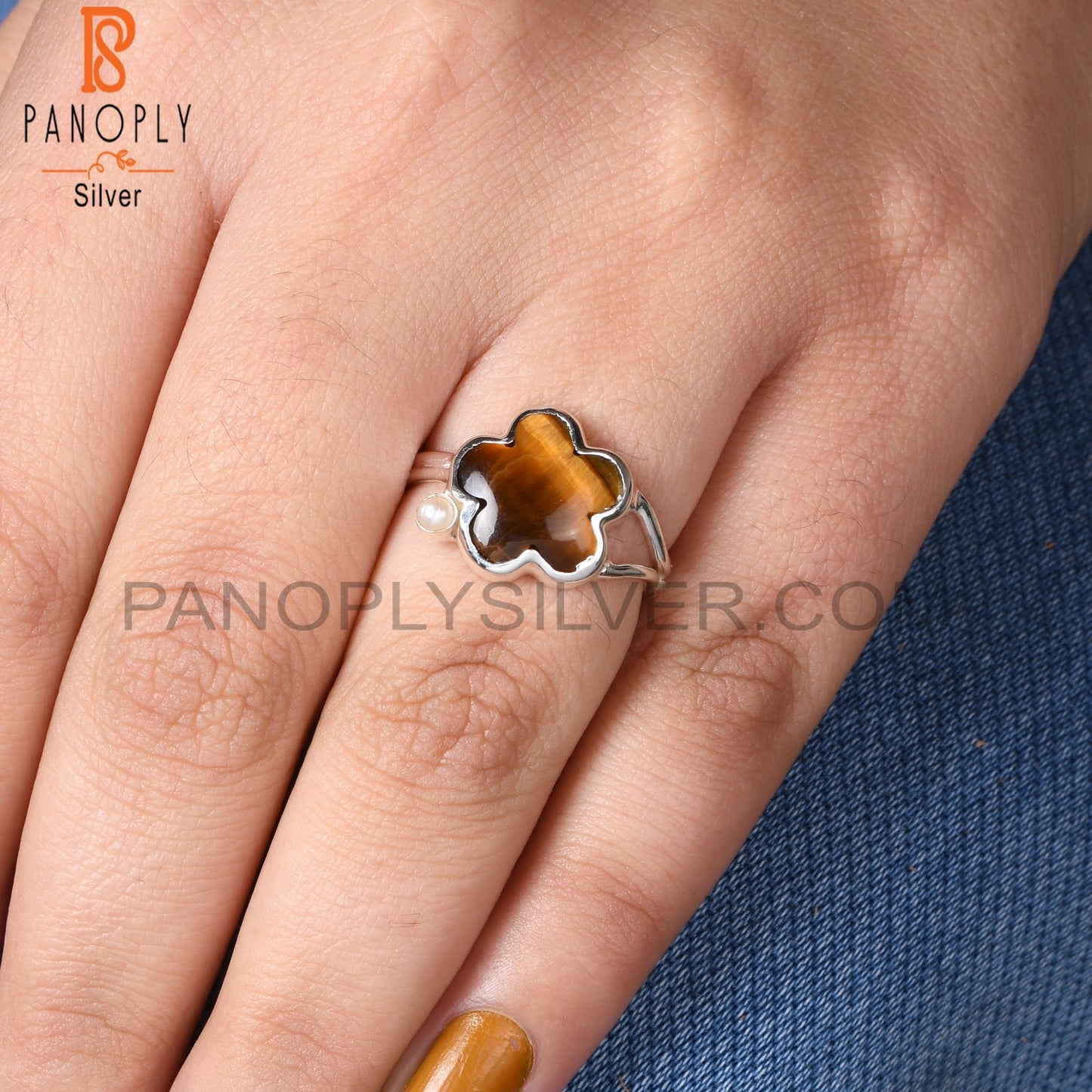 Tiger Eye Yellow & Pearl Flower Shape 925 Sterling Silver Ring
