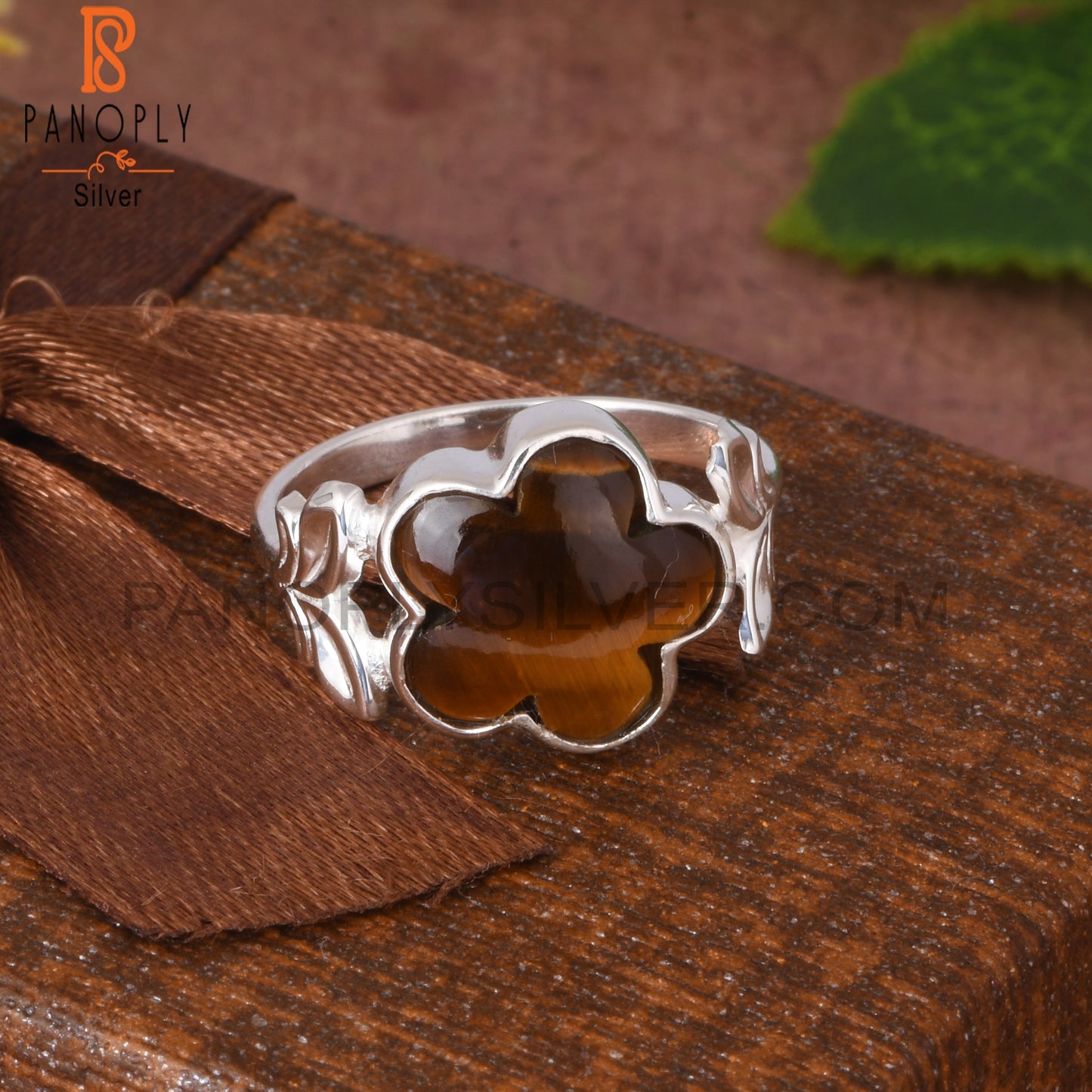Tiger Eye Yellow Sunflower Shape 925 Silver Leaf Band Ring