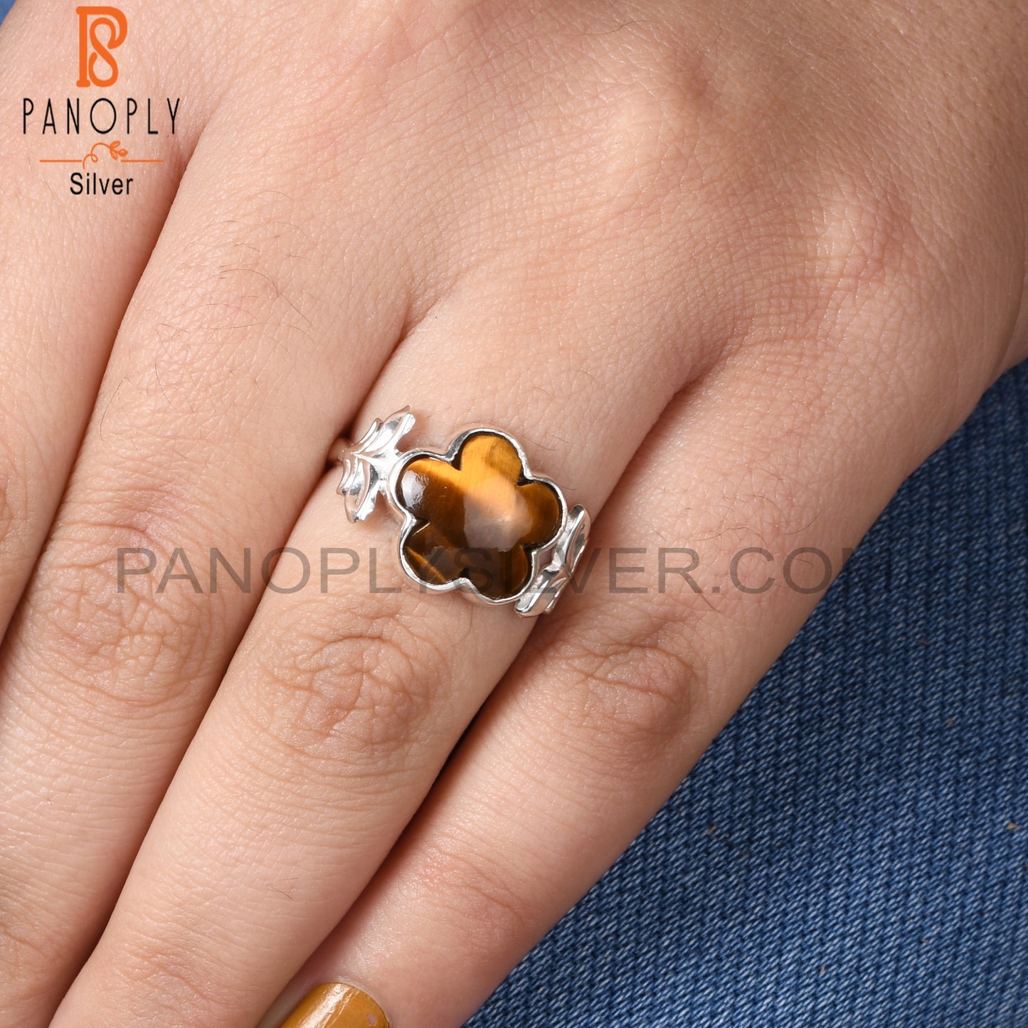 Tiger Eye Yellow Sunflower Shape 925 Silver Leaf Band Ring