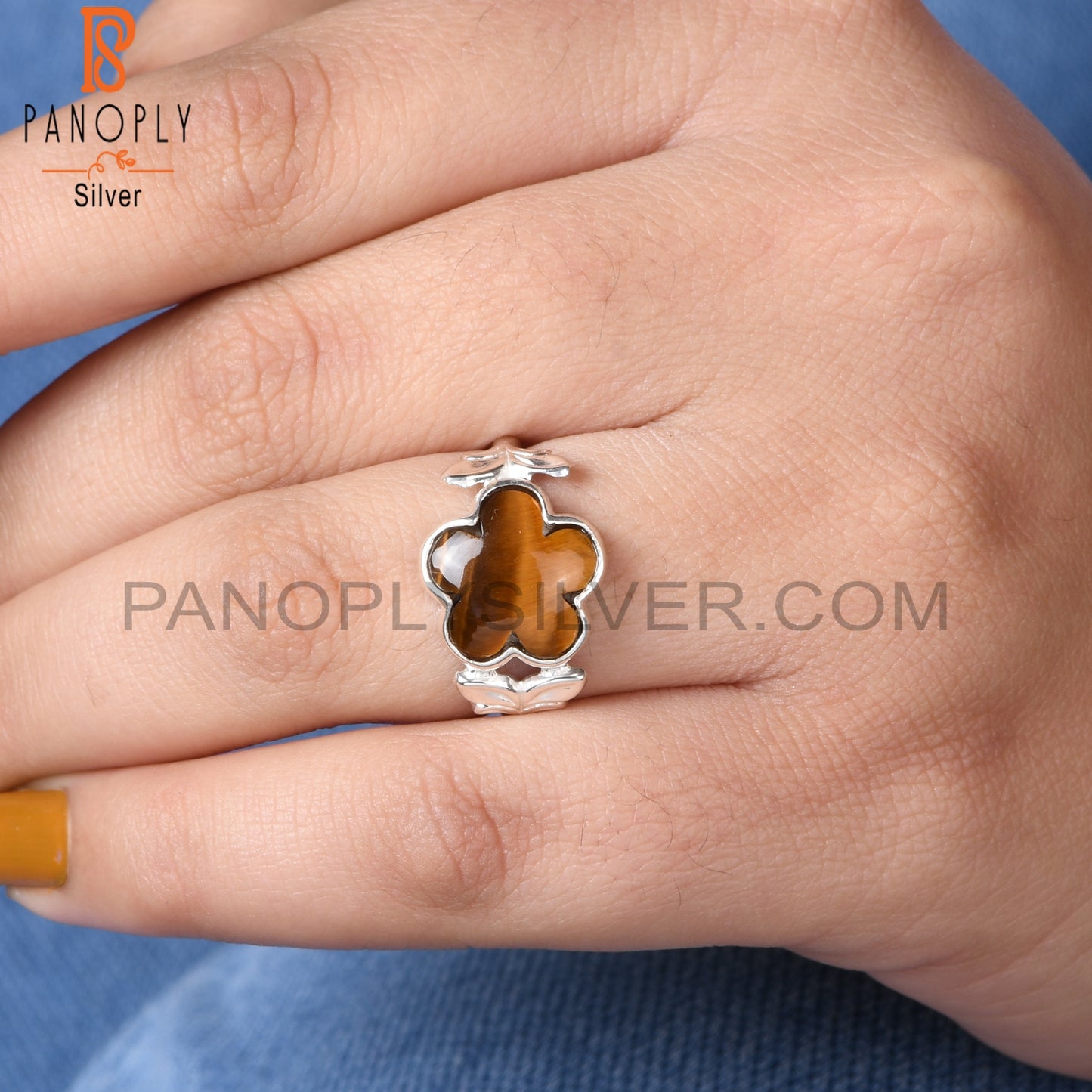 Tiger Eye Yellow Sunflower Shape 925 Silver Leaf Band Ring