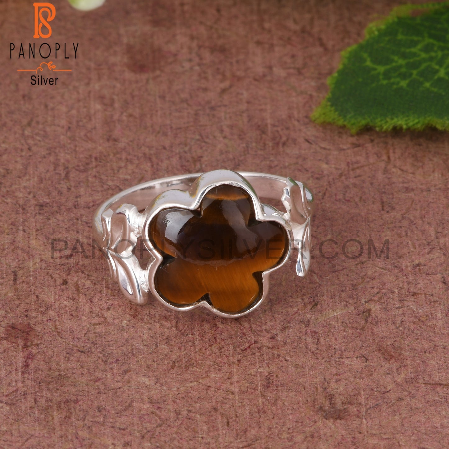 Tiger Eye Yellow Sunflower Shape 925 Silver Leaf Band Ring