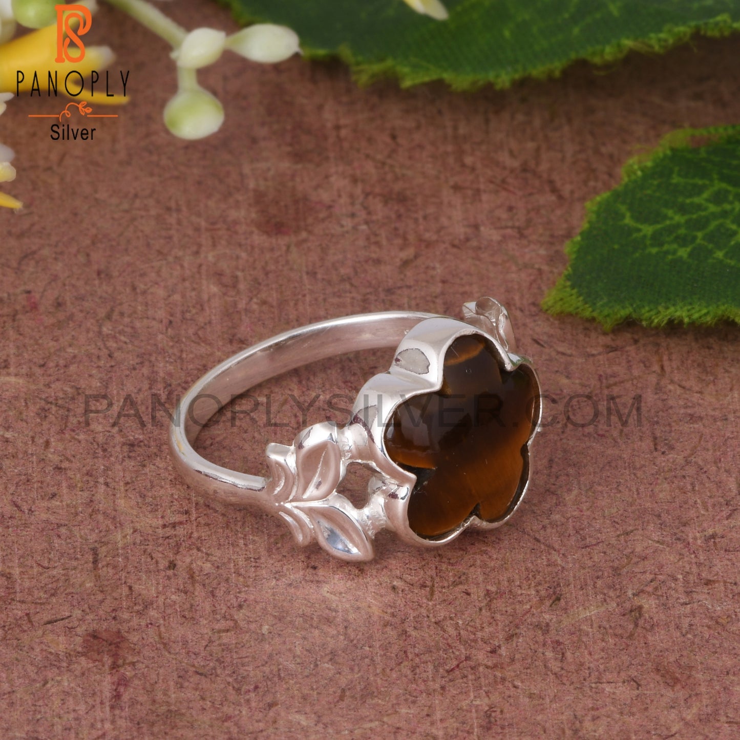 Tiger Eye Yellow Sunflower Shape 925 Silver Leaf Band Ring
