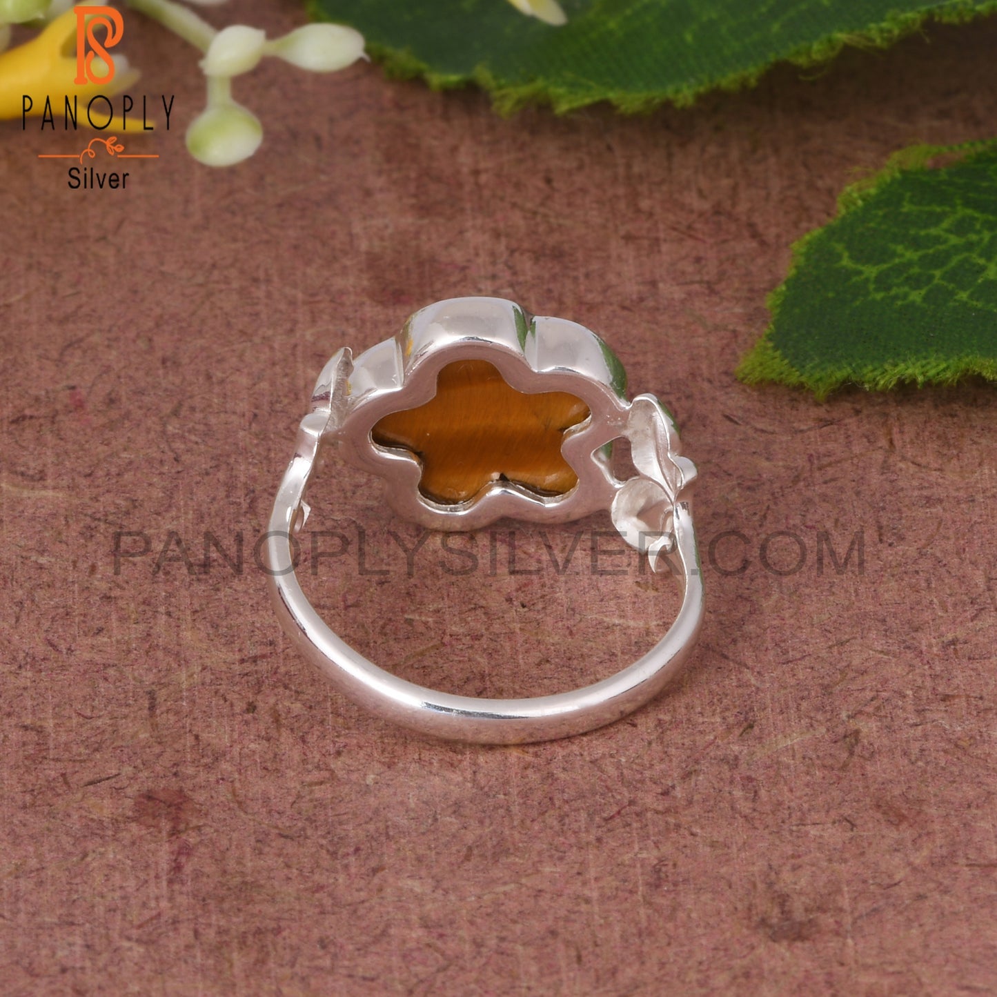 Tiger Eye Yellow Sunflower Shape 925 Silver Leaf Band Ring