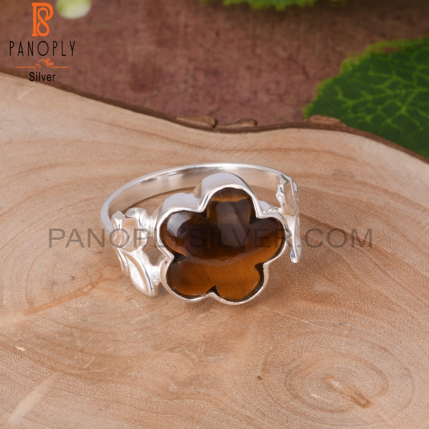 Tiger Eye Yellow Sunflower Shape 925 Silver Leaf Band Ring