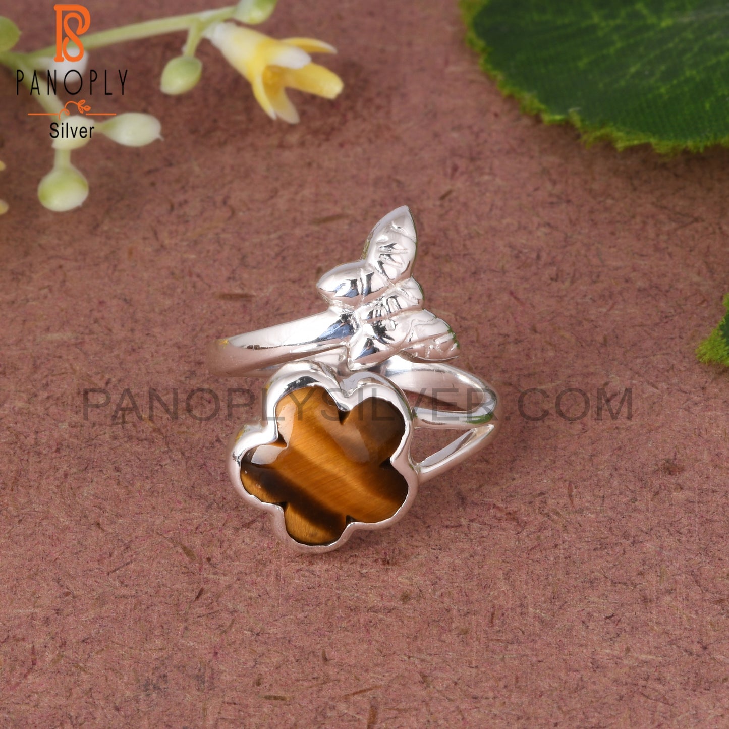 Tiger Eye Yellow 925 Sterling Silver Sun Flower Shaped Ring