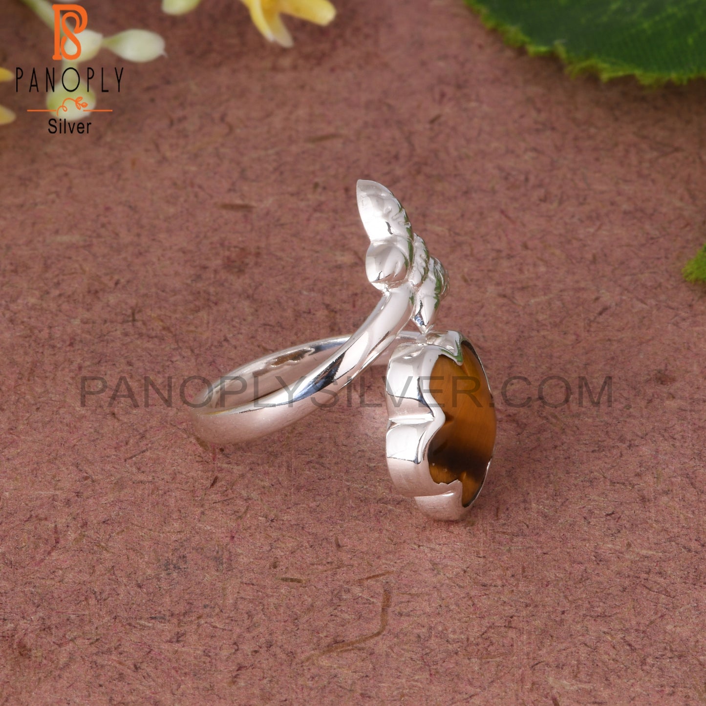 Tiger Eye Yellow 925 Sterling Silver Sun Flower Shaped Ring