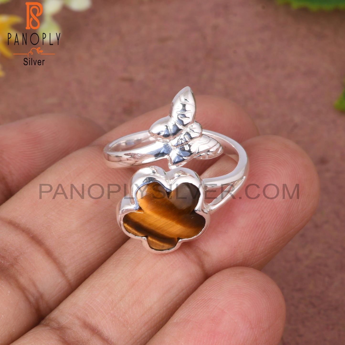 Tiger Eye Yellow 925 Sterling Silver Sun Flower Shaped Ring