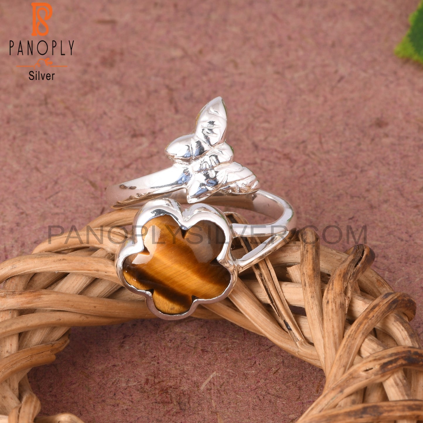 Tiger Eye Yellow 925 Sterling Silver Sun Flower Shaped Ring