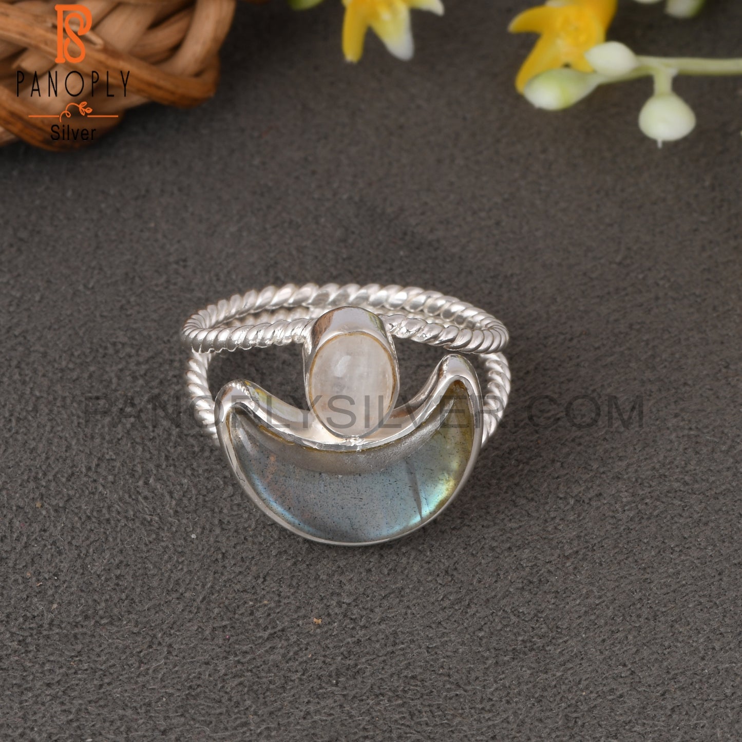 Twist Moon Rainbow Moonstone & Labradorite 925 Silver Ring