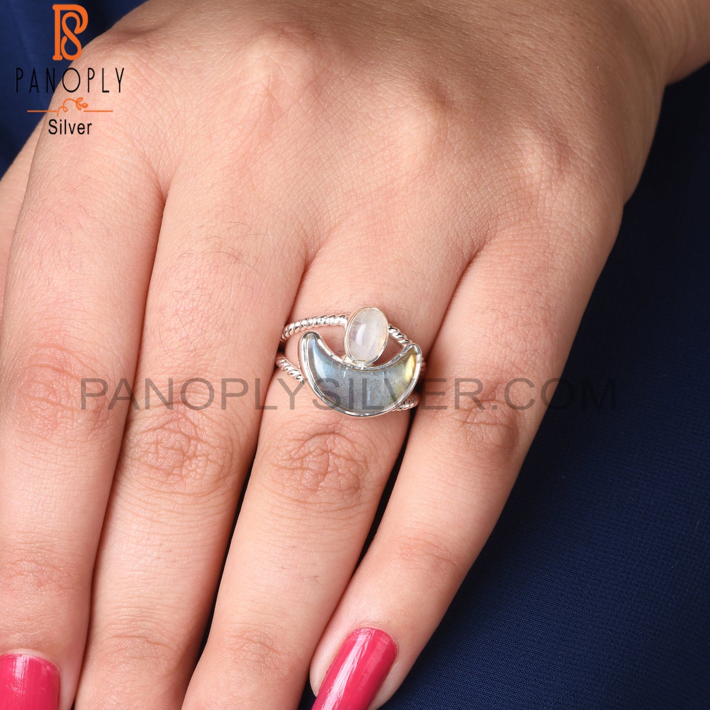Twist Moon Rainbow Moonstone & Labradorite 925 Silver Ring