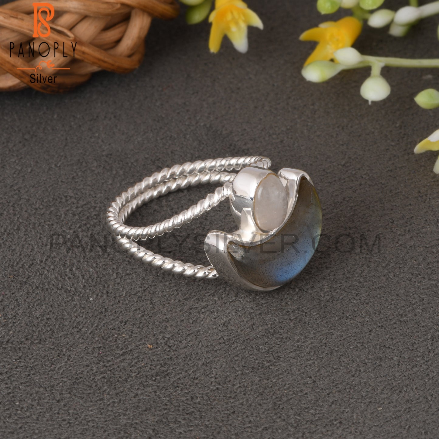 Twist Moon Rainbow Moonstone & Labradorite 925 Silver Ring