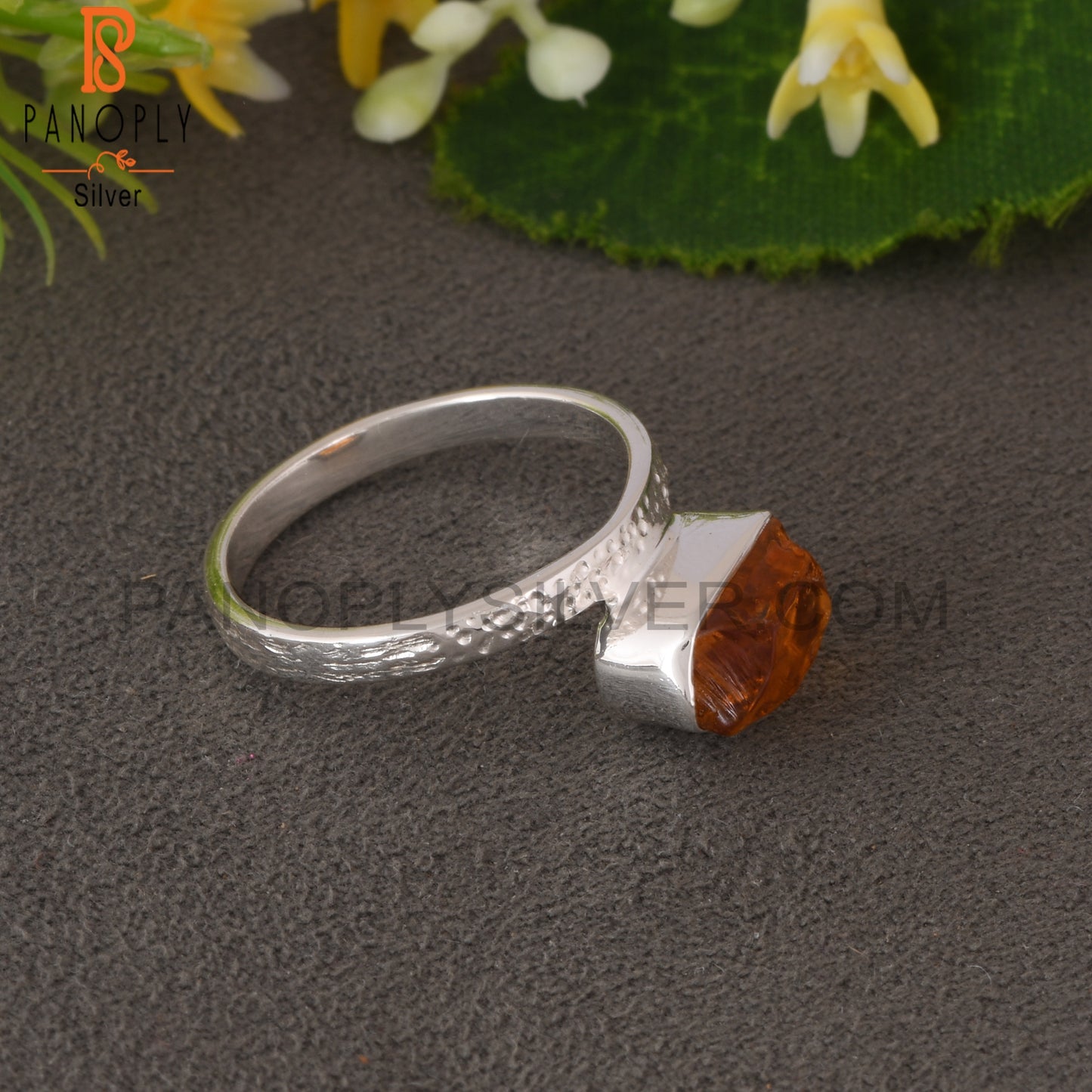 Citrine Rough 925 Sterling Silver Texture Band Ring
