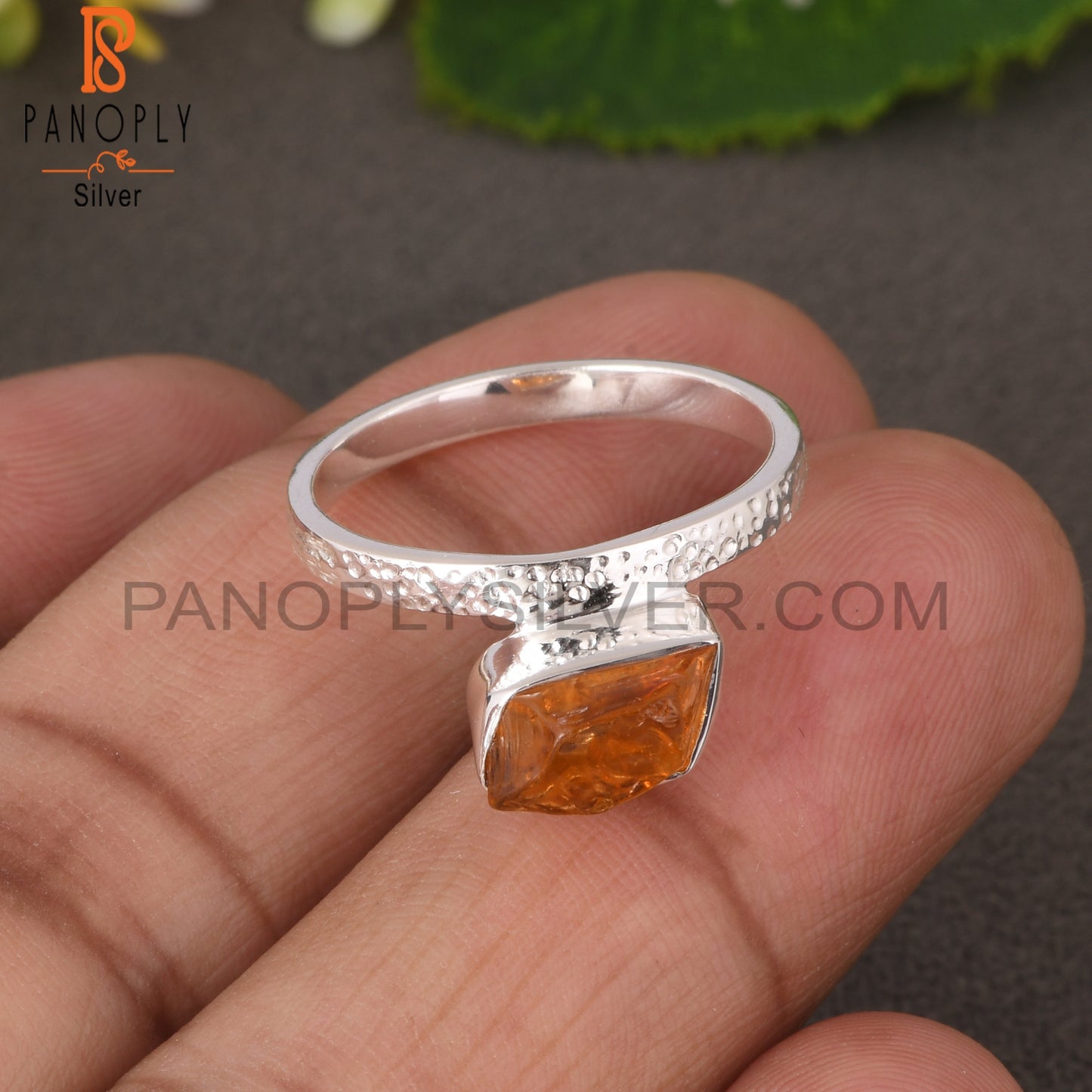 Citrine Rough 925 Sterling Silver Texture Band Ring