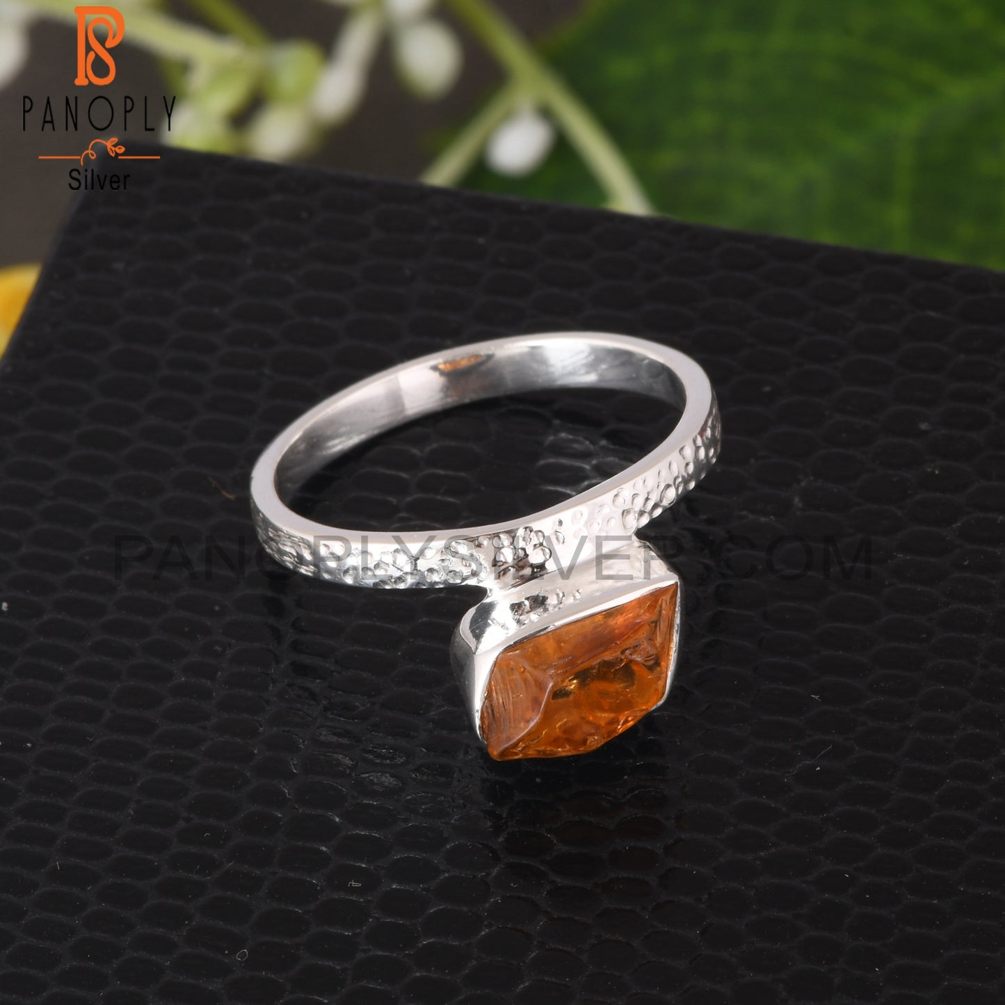 Citrine Rough 925 Sterling Silver Texture Band Ring