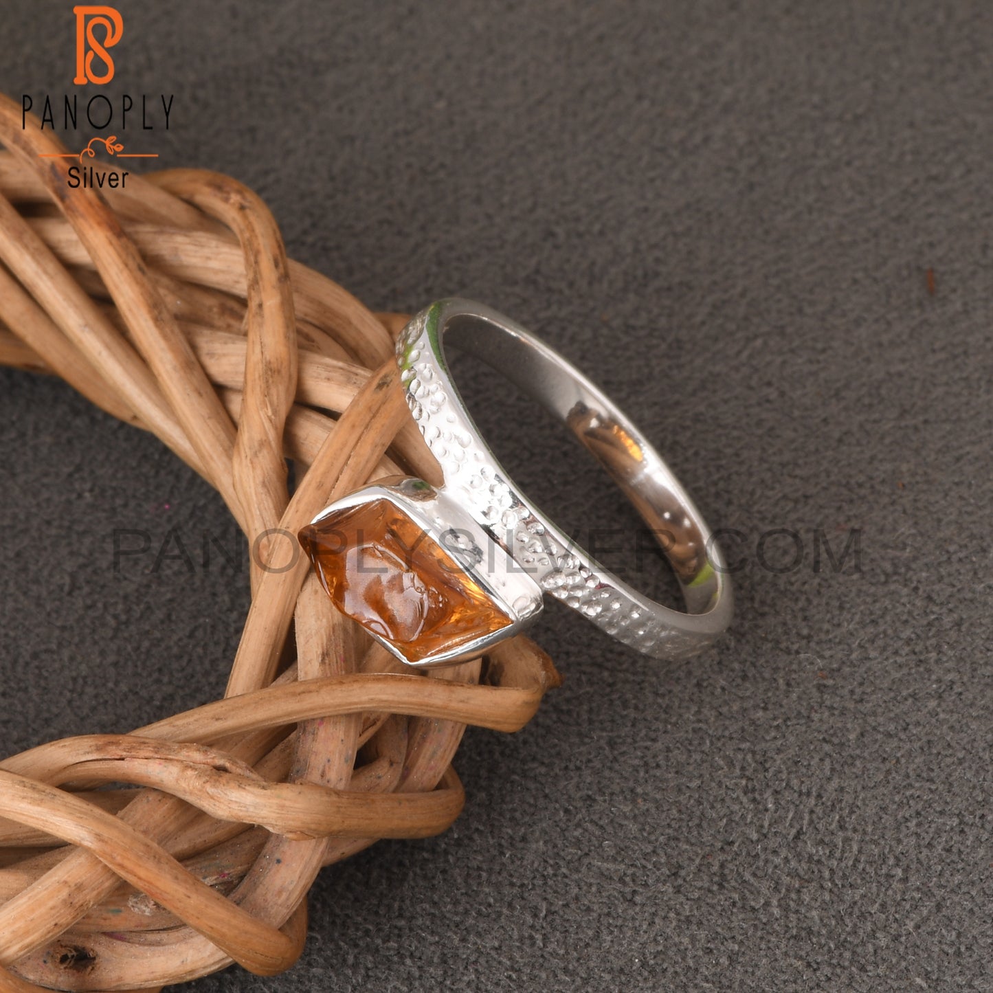 Citrine Rough 925 Sterling Silver Texture Band Ring