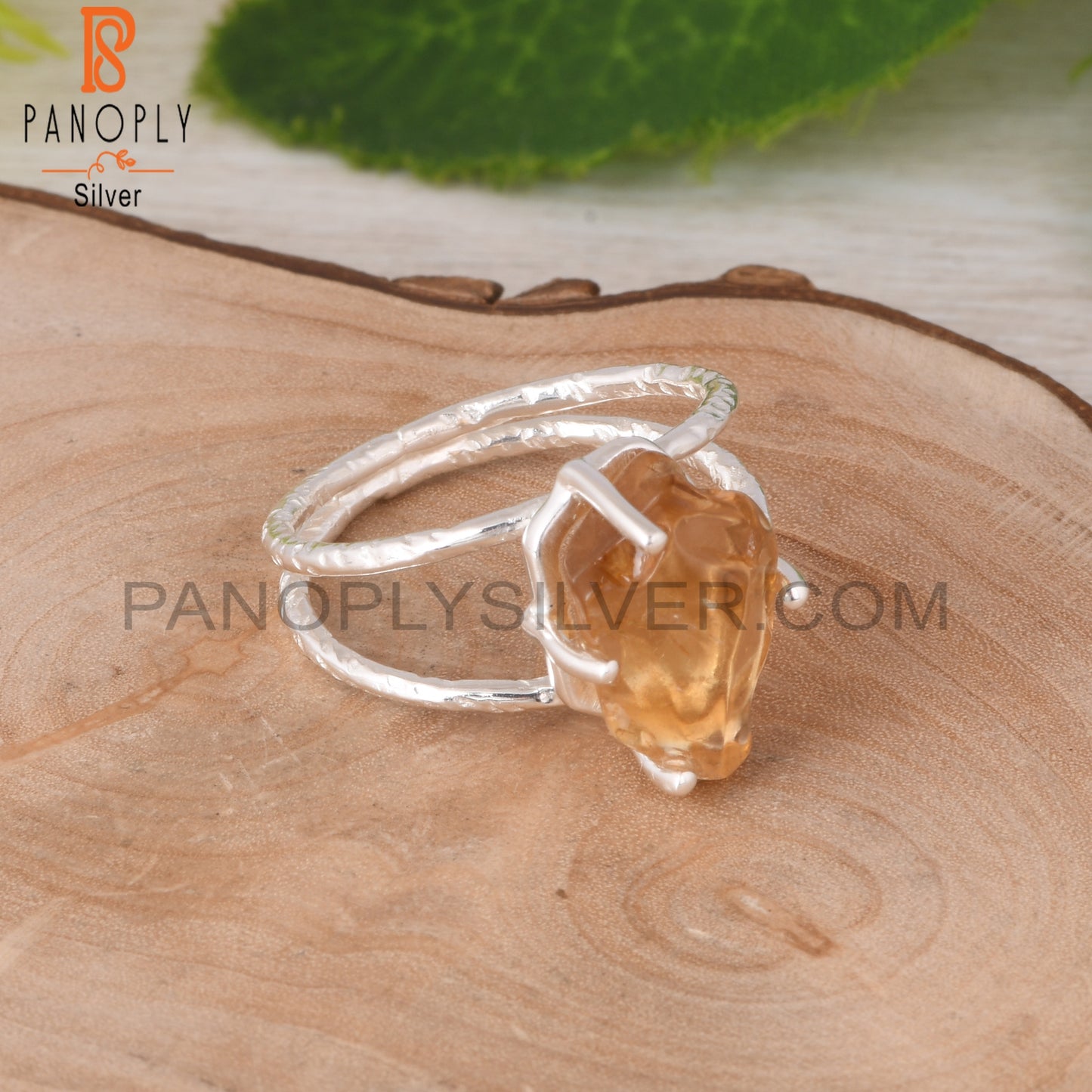 Citrine Rough 925 Sterling Silver Two Band Ring