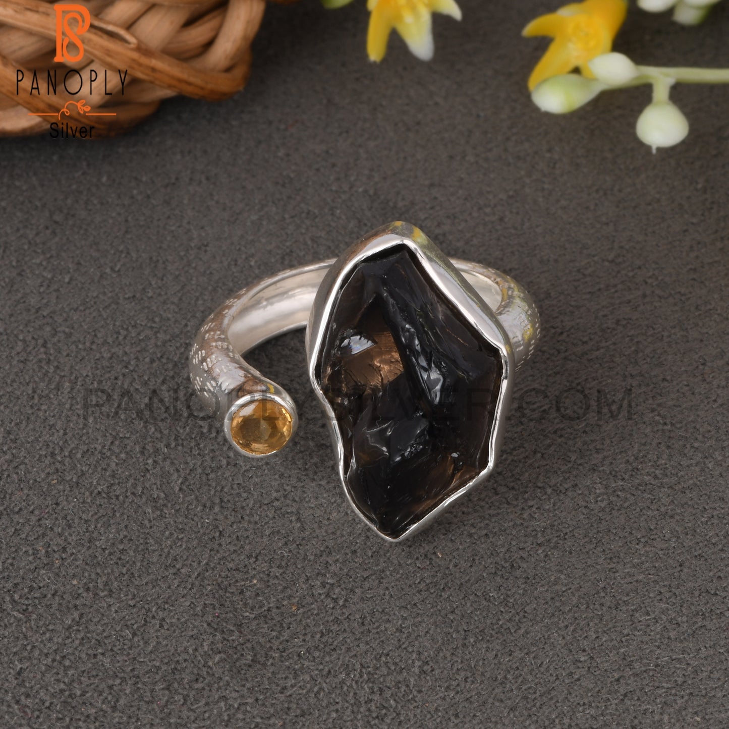 Citrine & Smoky 925 Sterling Silver Adjustable Ring