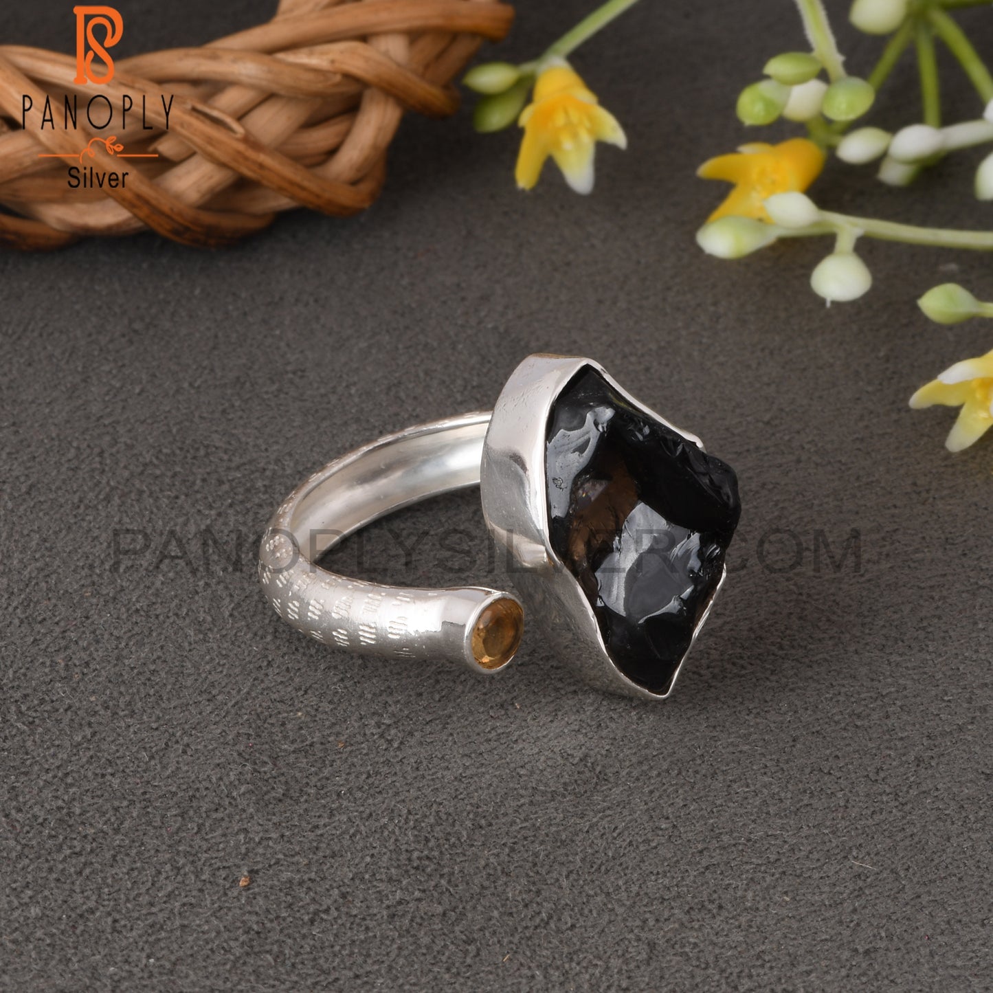 Citrine & Smoky 925 Sterling Silver Adjustable Ring
