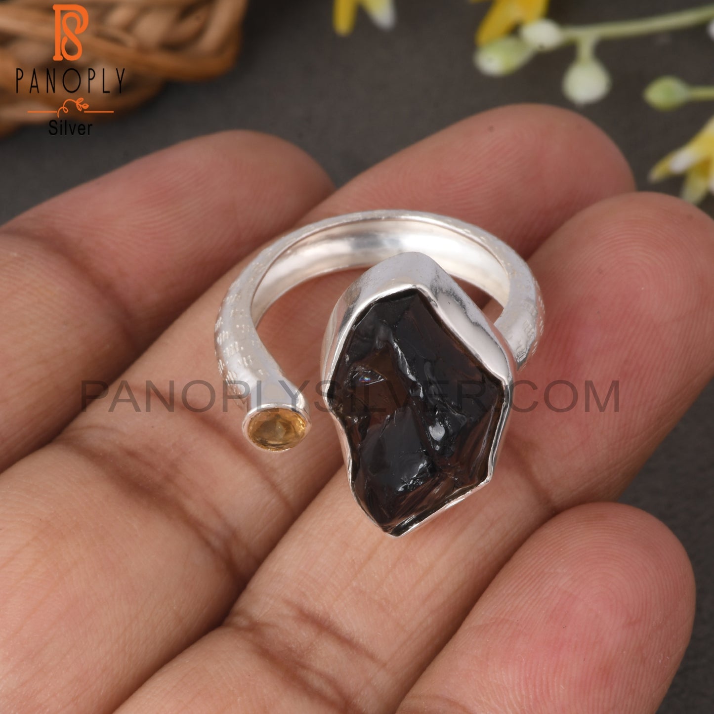 Citrine & Smoky 925 Sterling Silver Adjustable Ring