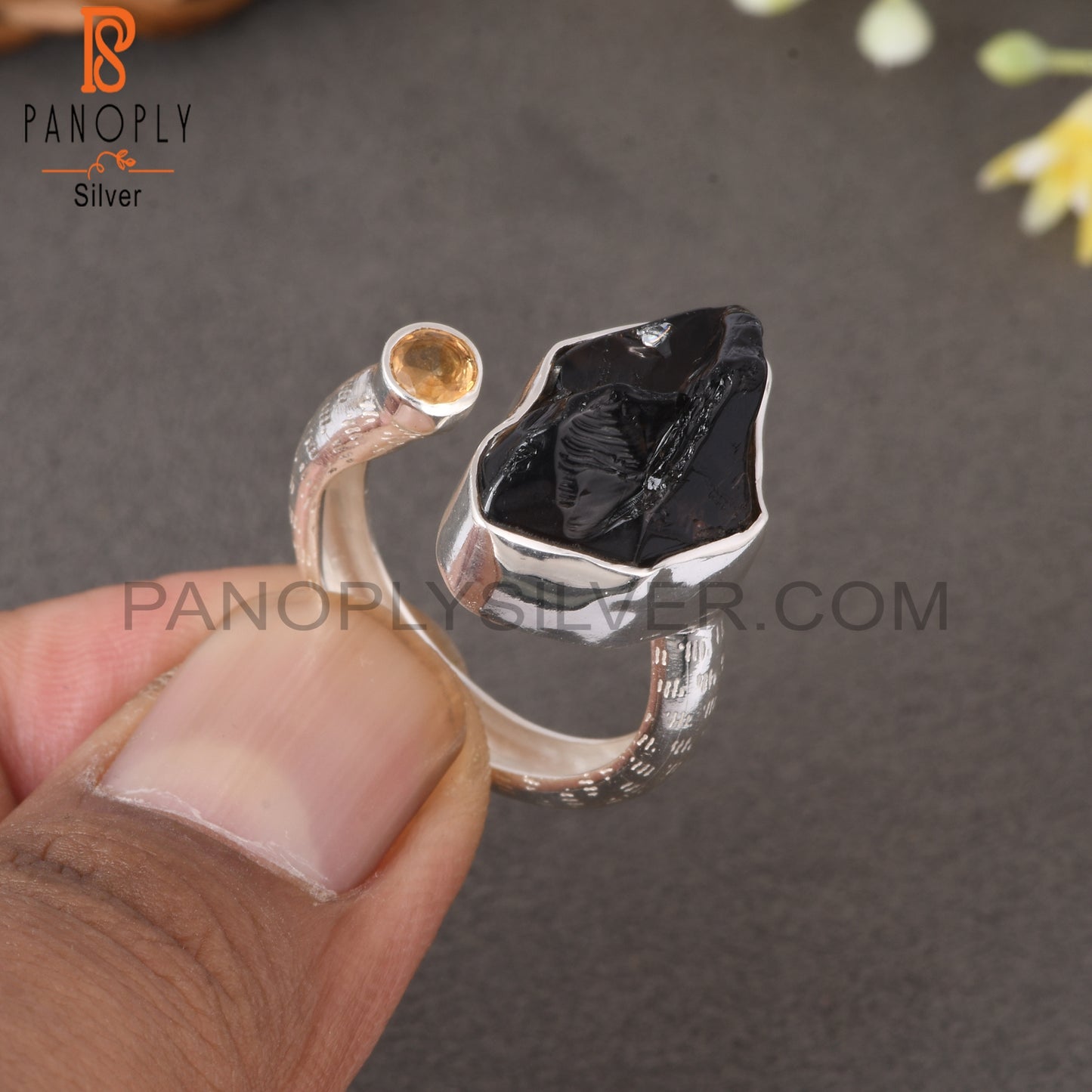 Citrine & Smoky 925 Sterling Silver Adjustable Ring