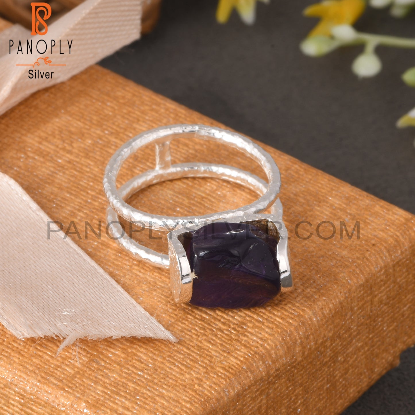 Two Band Amethyst Rough 925 Sterling Silver Ring