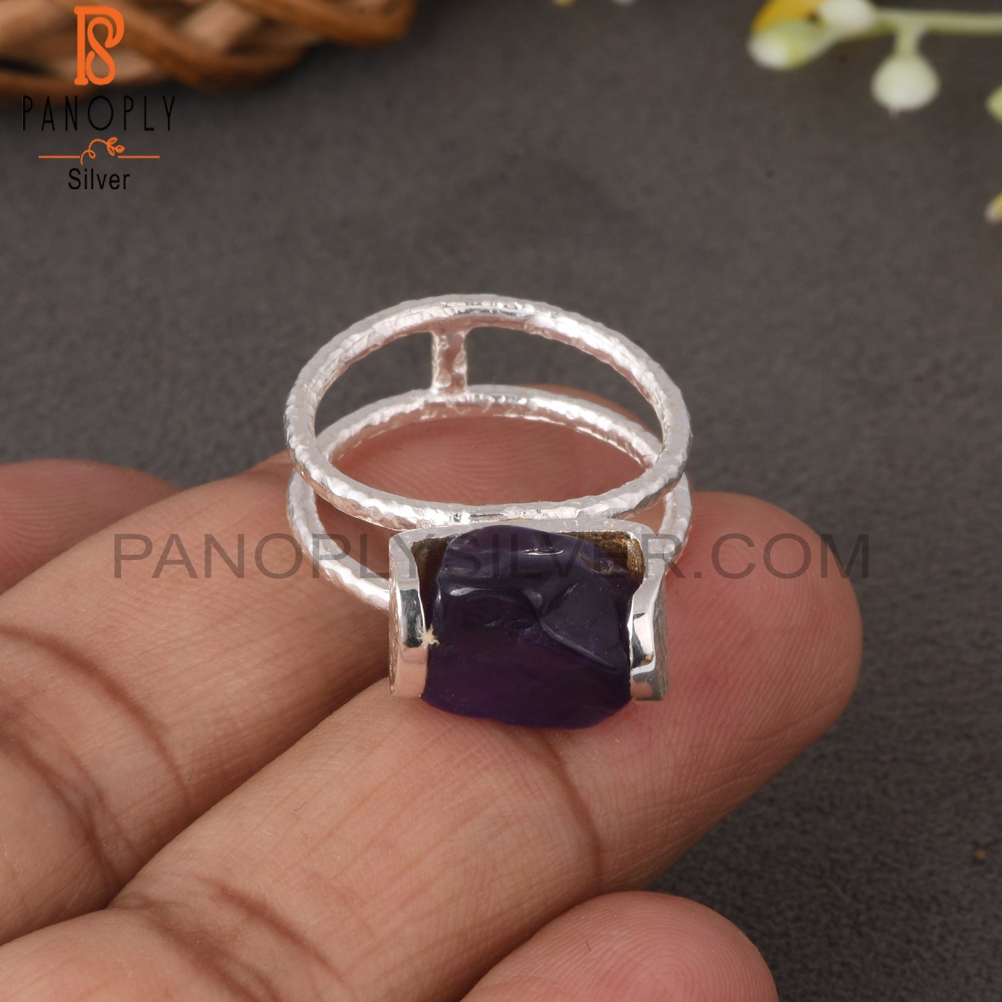 Two Band Amethyst Rough 925 Sterling Silver Ring